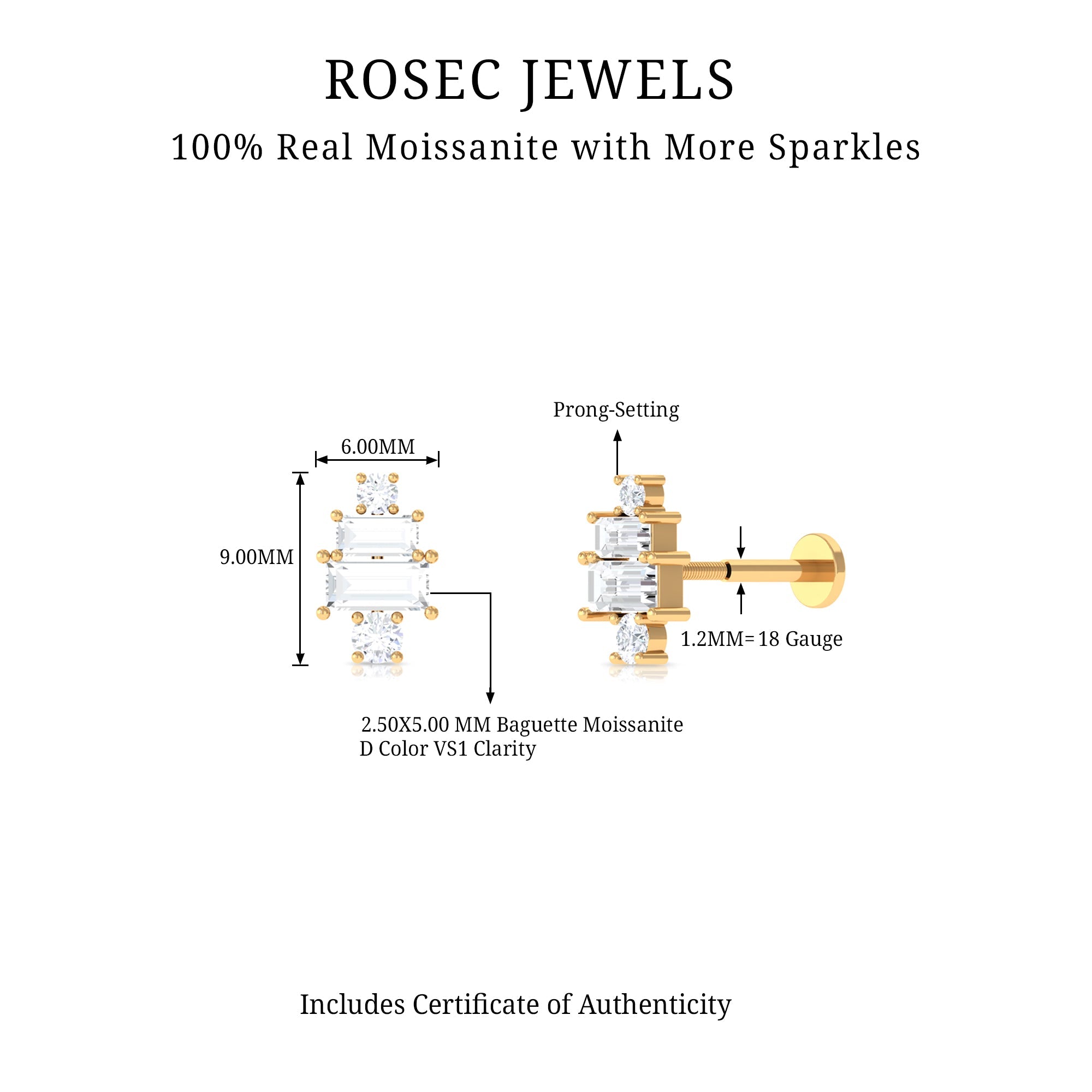 Baguette Moissanite Designer Earring for Helix Piercing