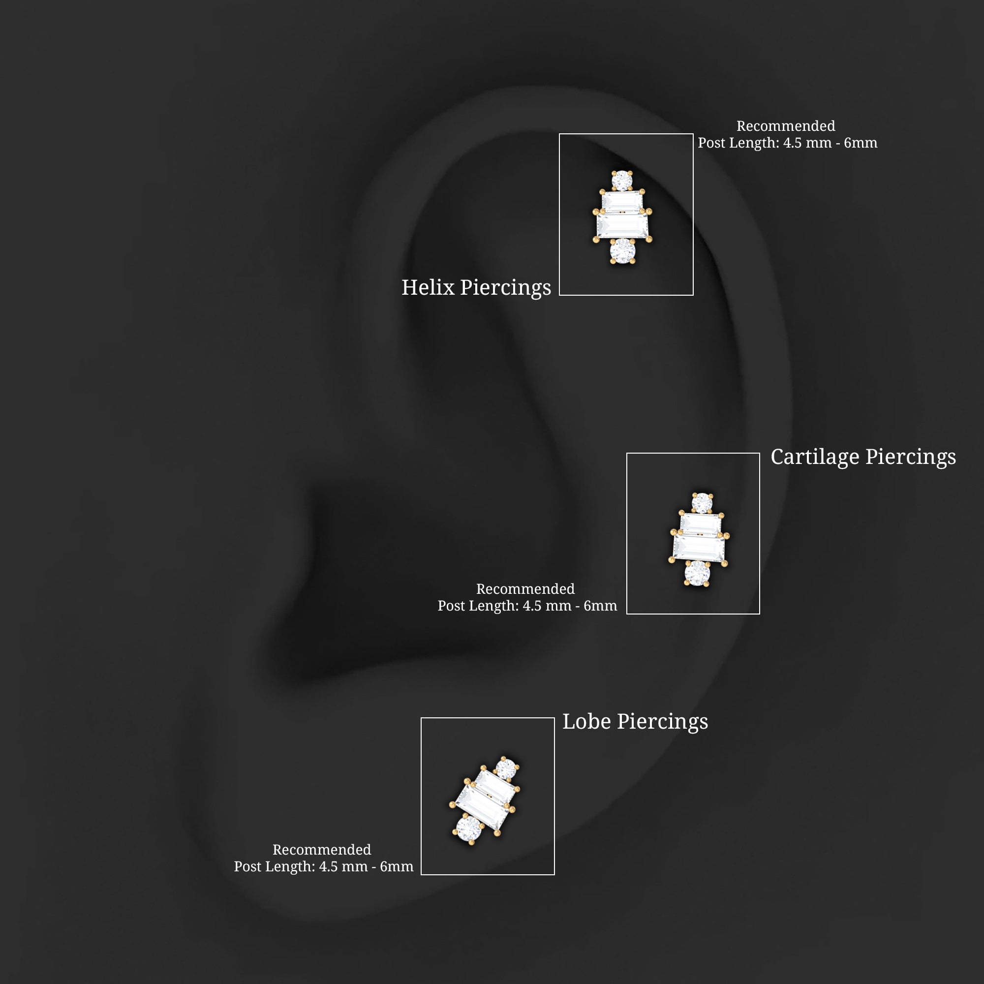 Baguette Moissanite Designer Earring for Helix Piercing