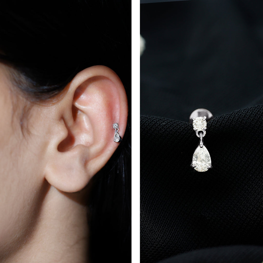 Pear and Round Cut Diamond Stud Drop Helix Earring