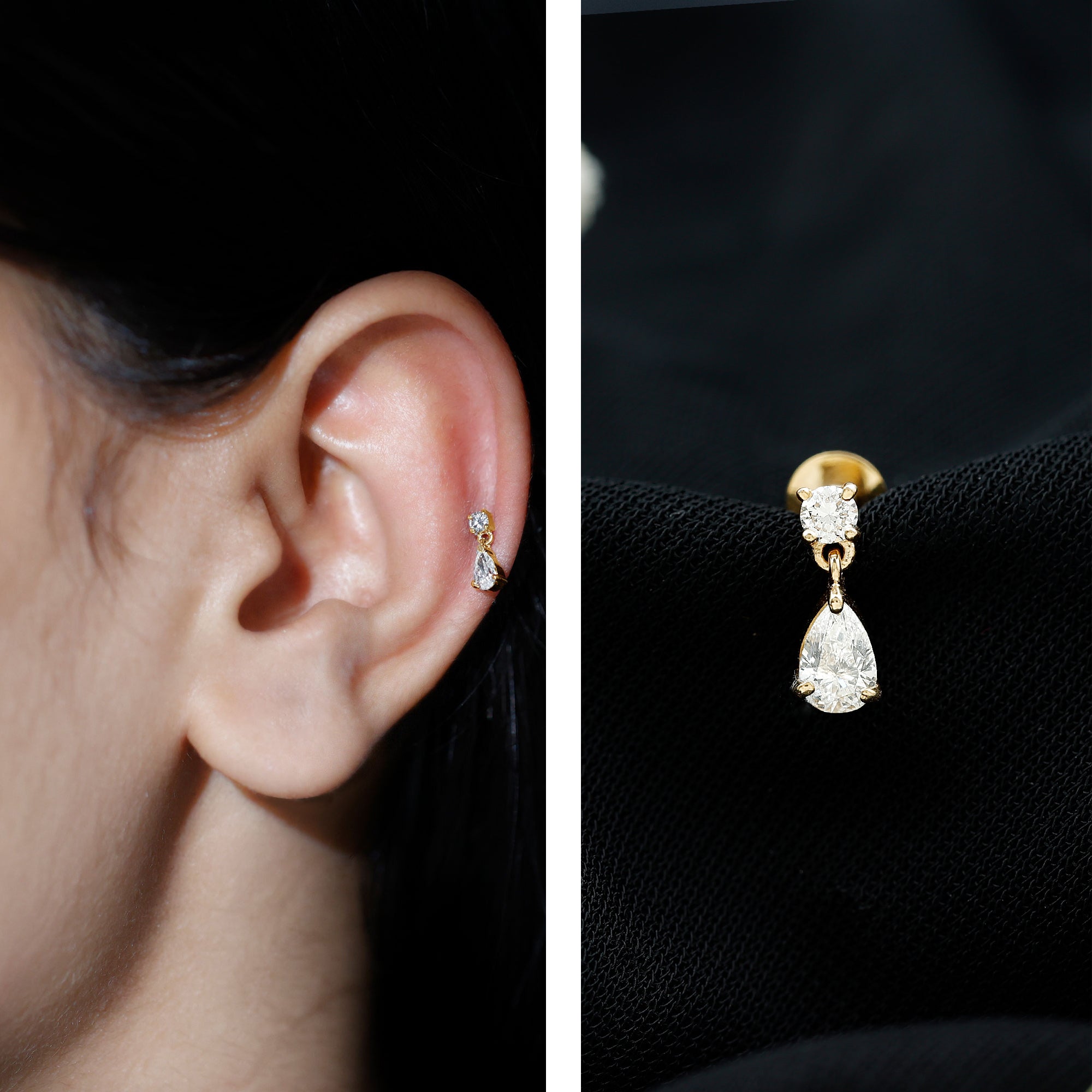 Pear and Round Cut Diamond Stud Drop Helix Earring