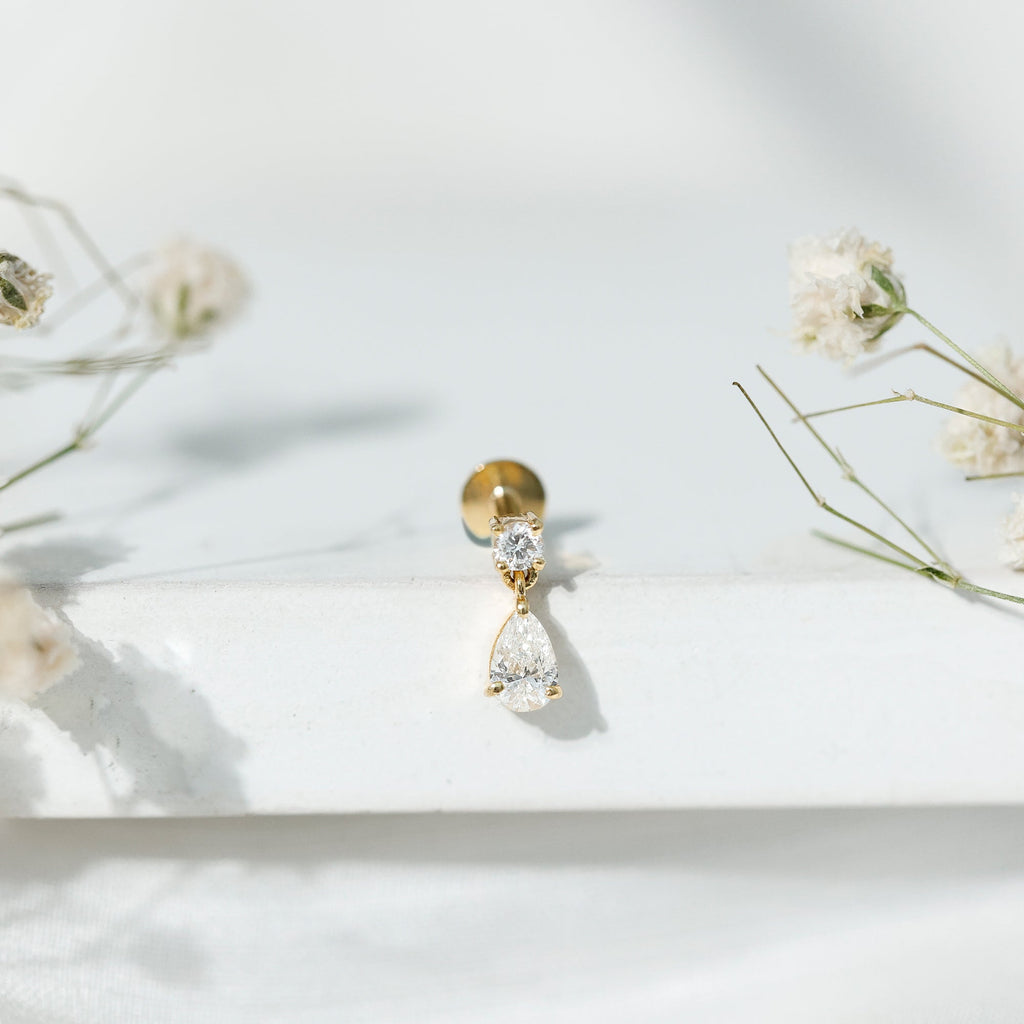 Pear and Round Cut Diamond Stud Drop Helix Earring