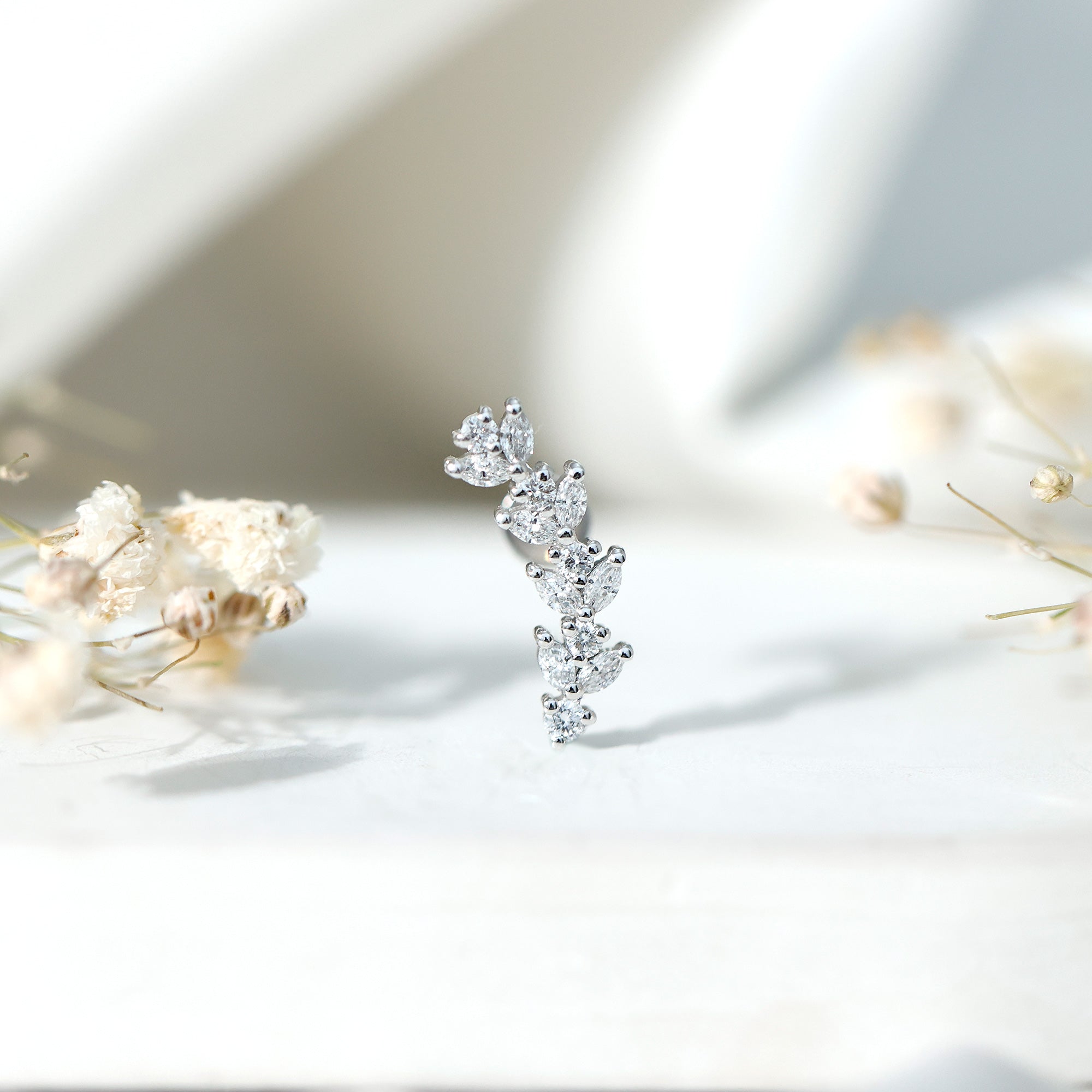 Marquise and Round Moissanite Leaf Branch Helix Earring
