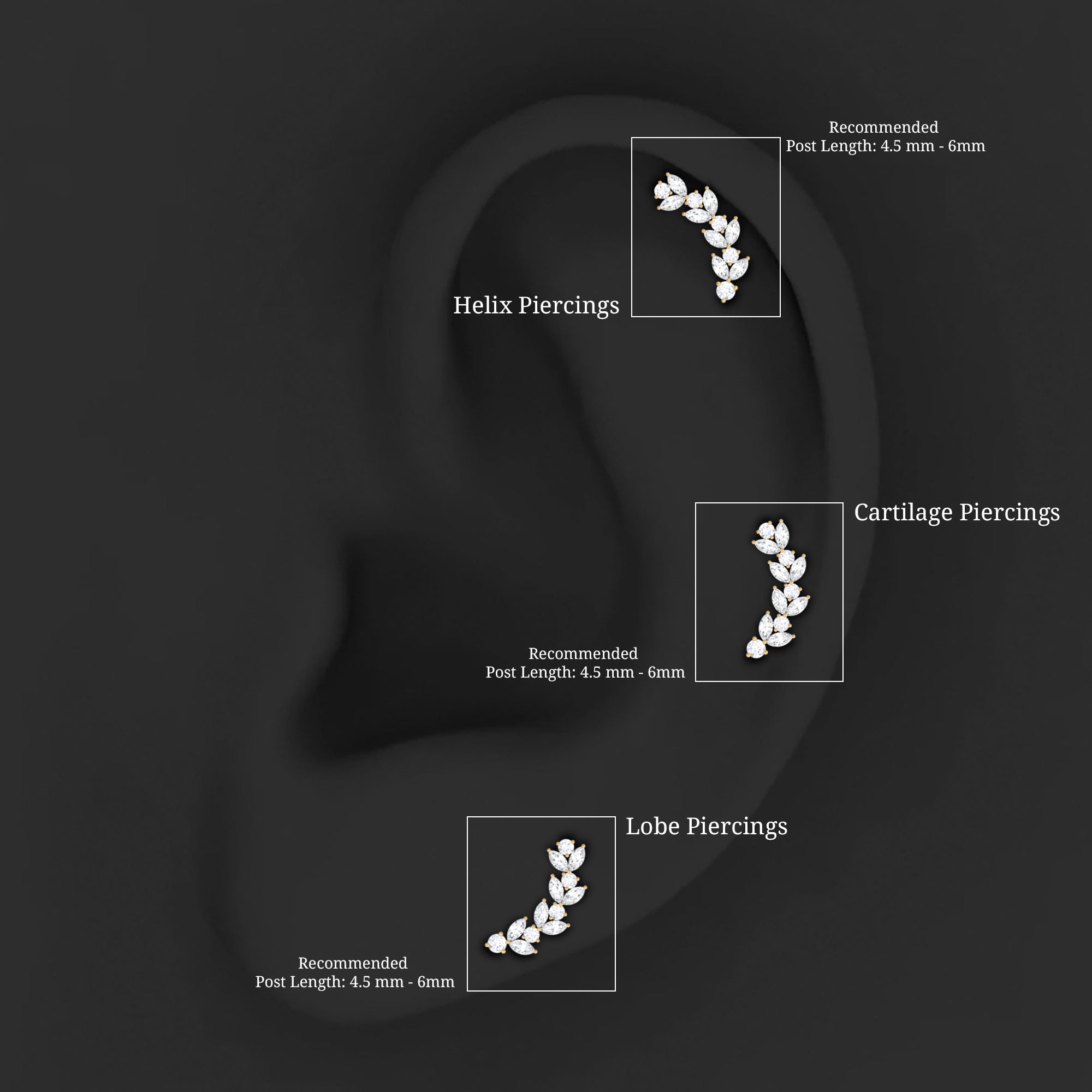 Marquise and Round Moissanite Leaf Branch Helix Earring