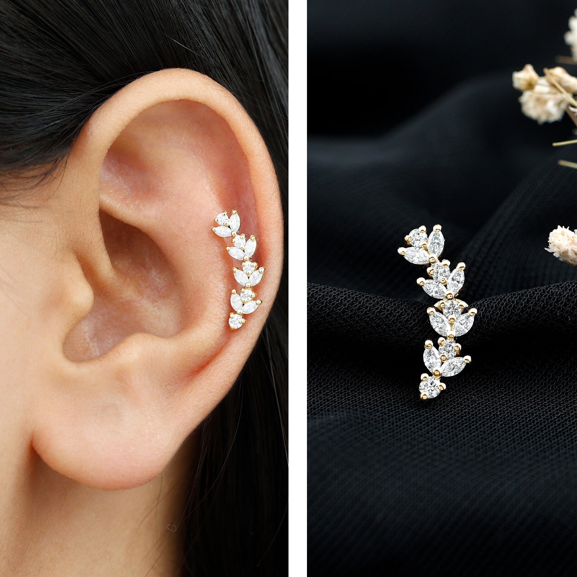 Marquise and Round Moissanite Leaf Branch Helix Earring