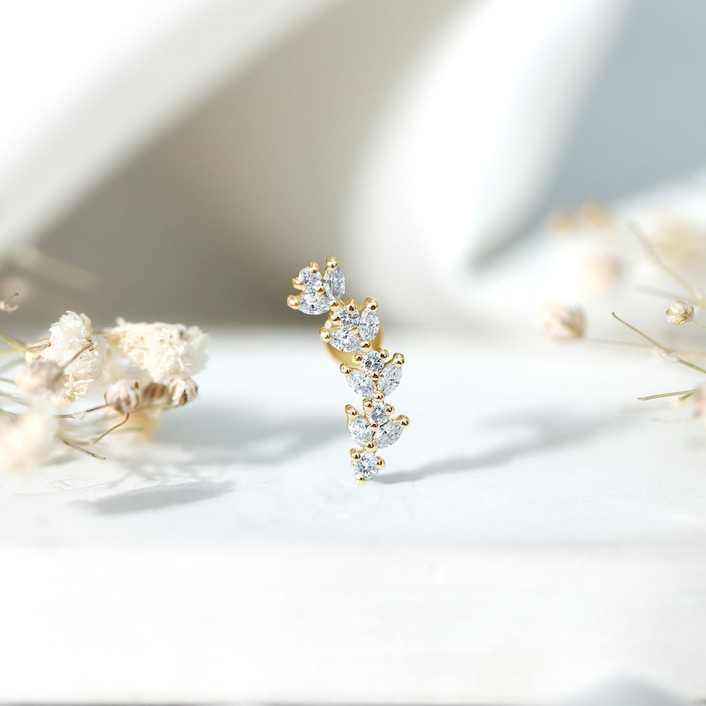 Marquise and Round Moissanite Leaf Branch Helix Earring