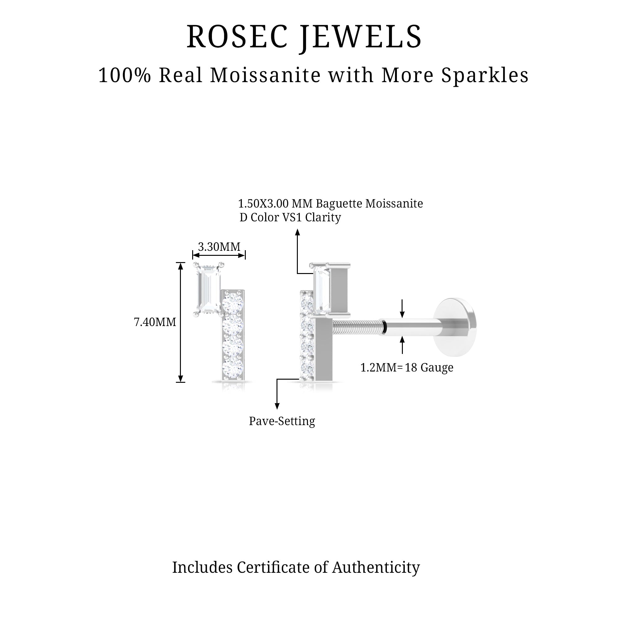 Moissanite Unique Gold Bar Earring for Tragus Piercing