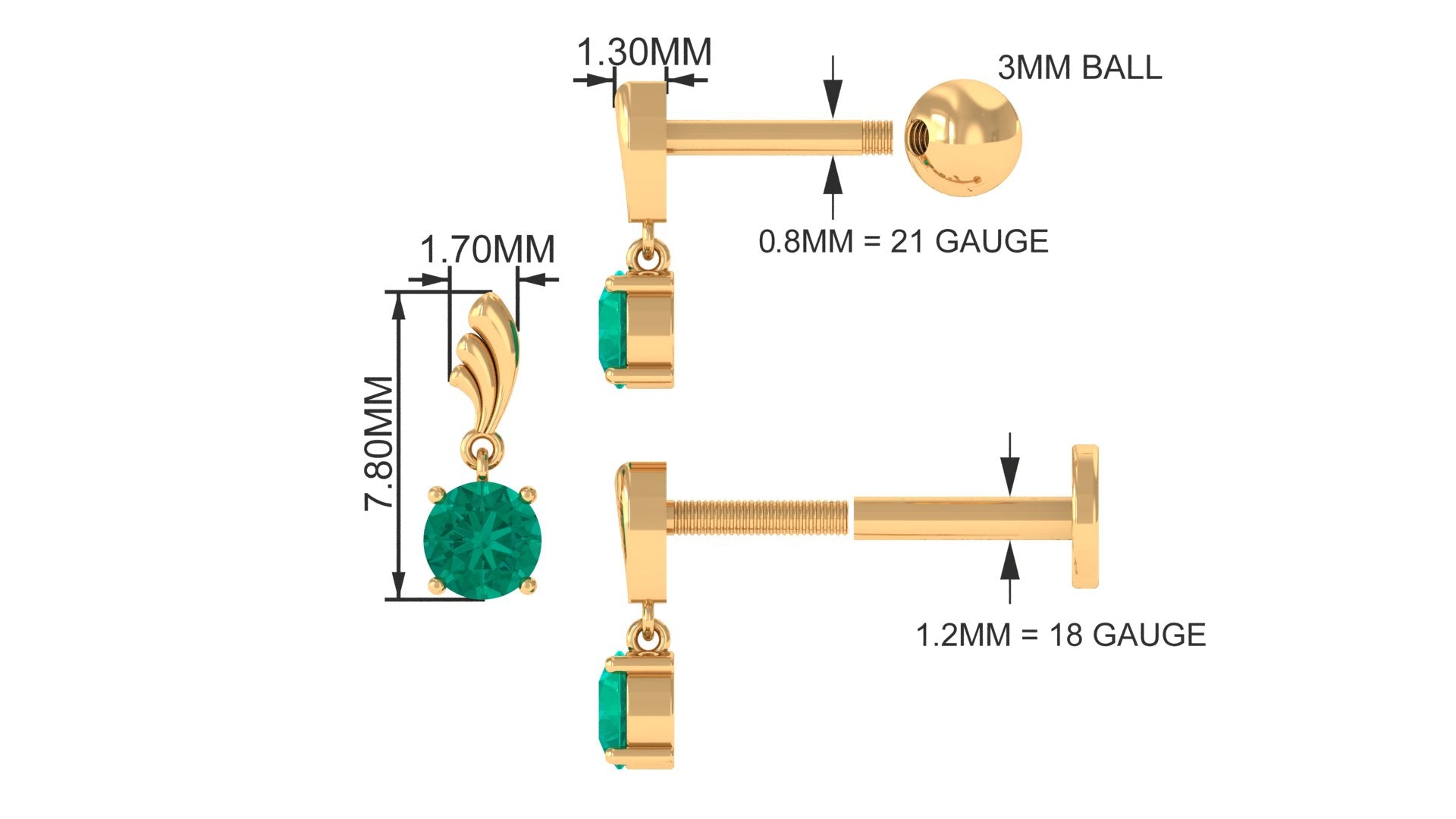Minimal Emerald Drop Earring for Tragus Piercing