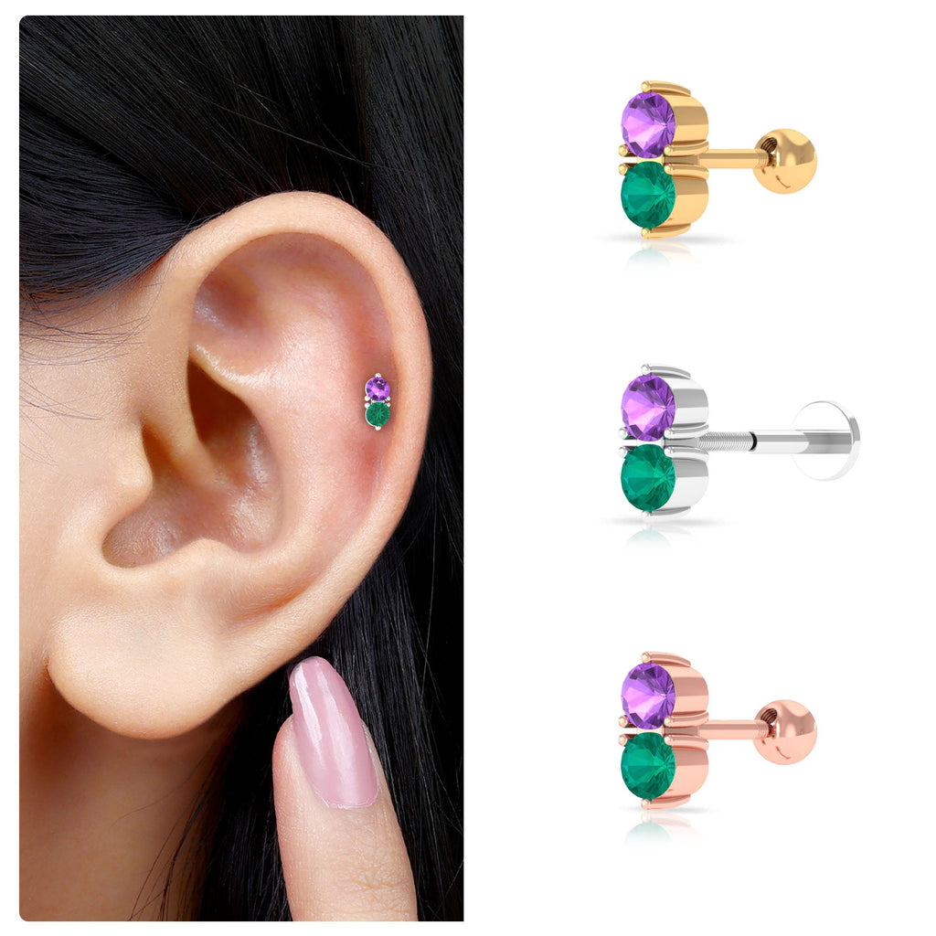 Amethyst and Emerald Two Stone Helix Earring