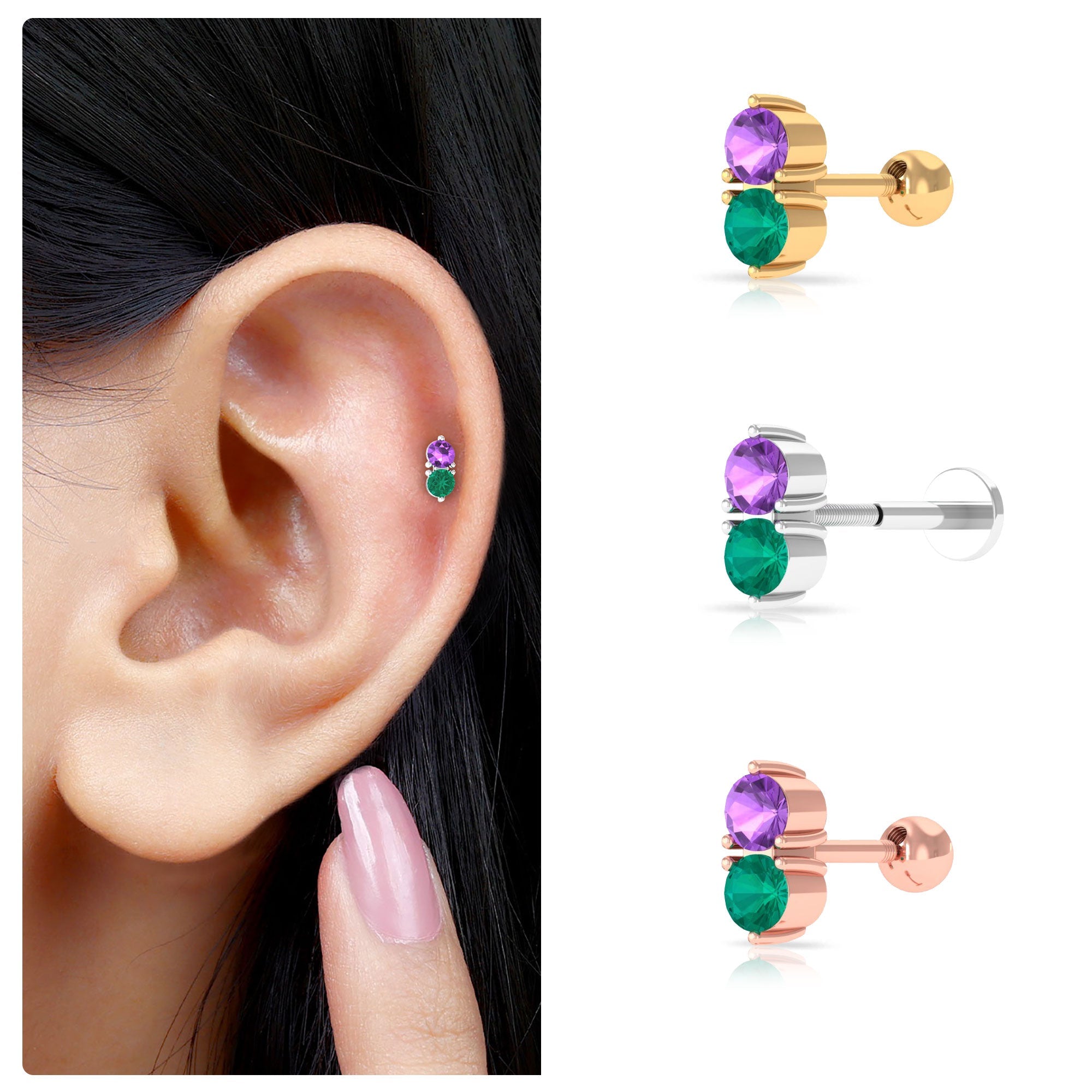 Amethyst and Emerald Two Stone Helix Earring
