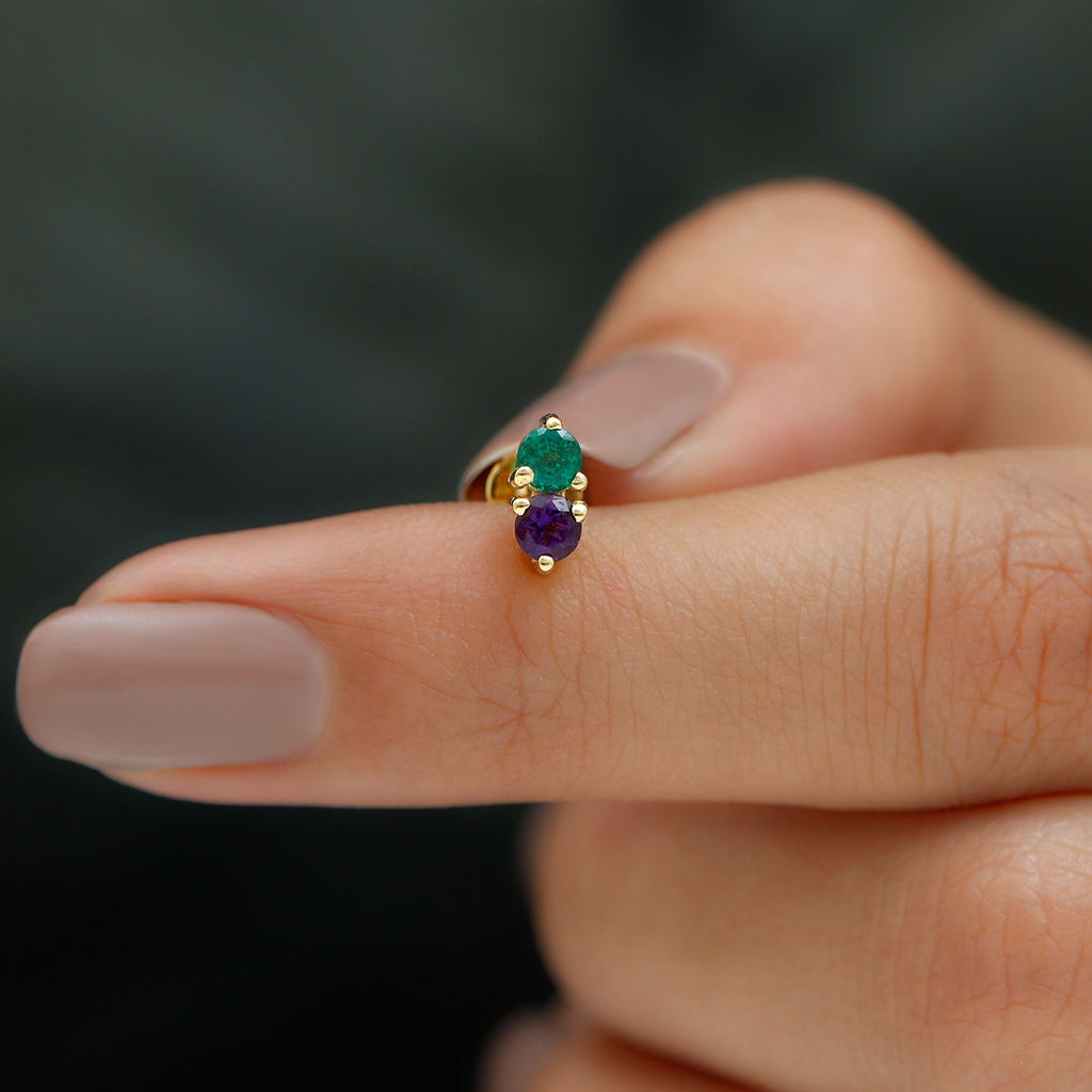 Amethyst and Emerald Two Stone Helix Earring
