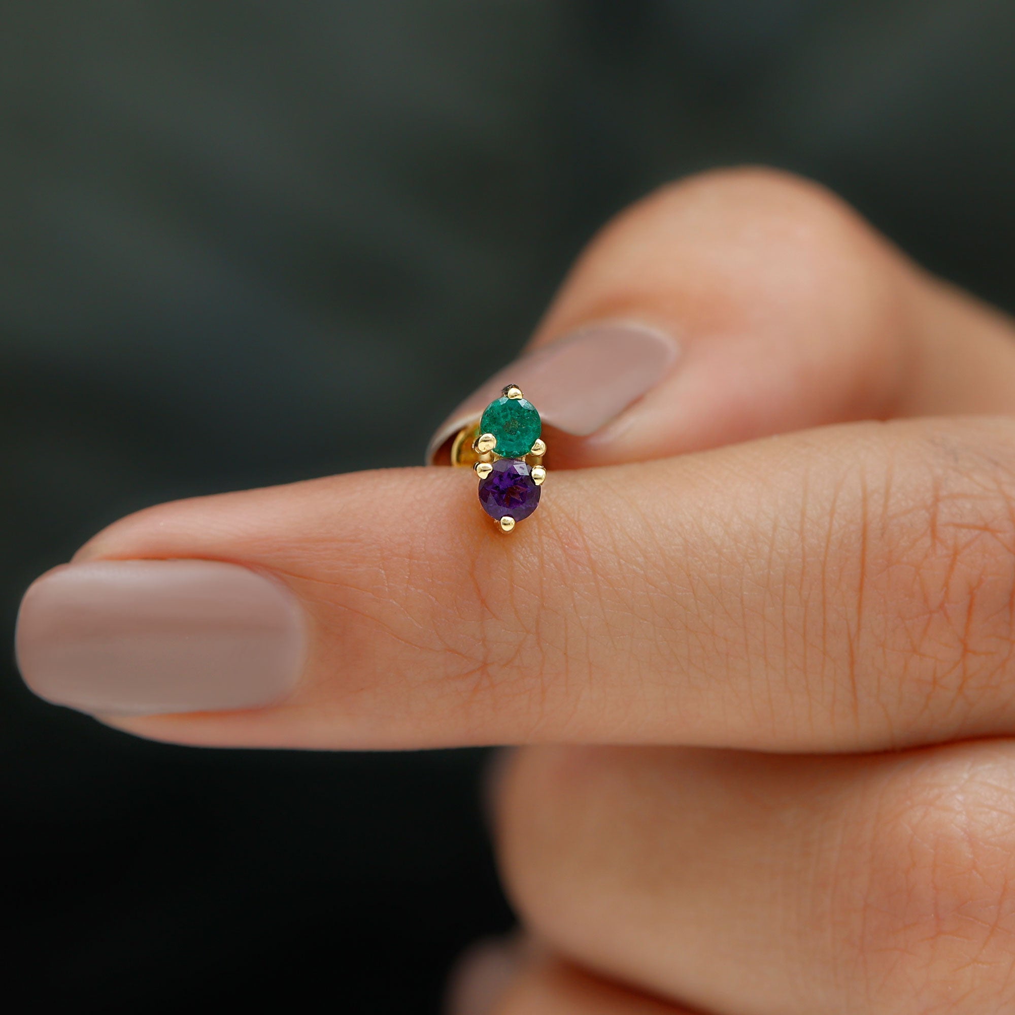 Amethyst and Emerald Two Stone Helix Earring