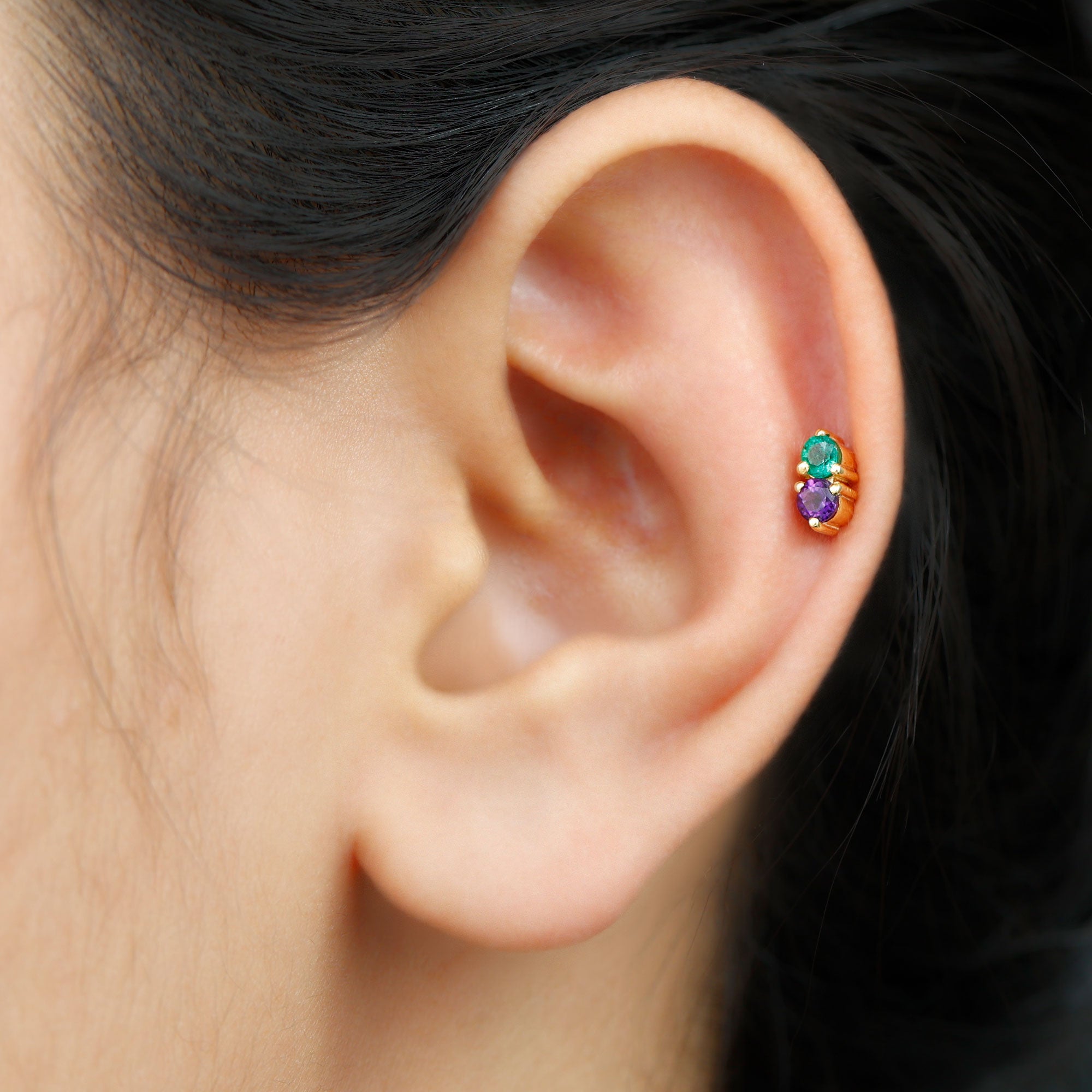 Amethyst and Emerald Two Stone Helix Earring