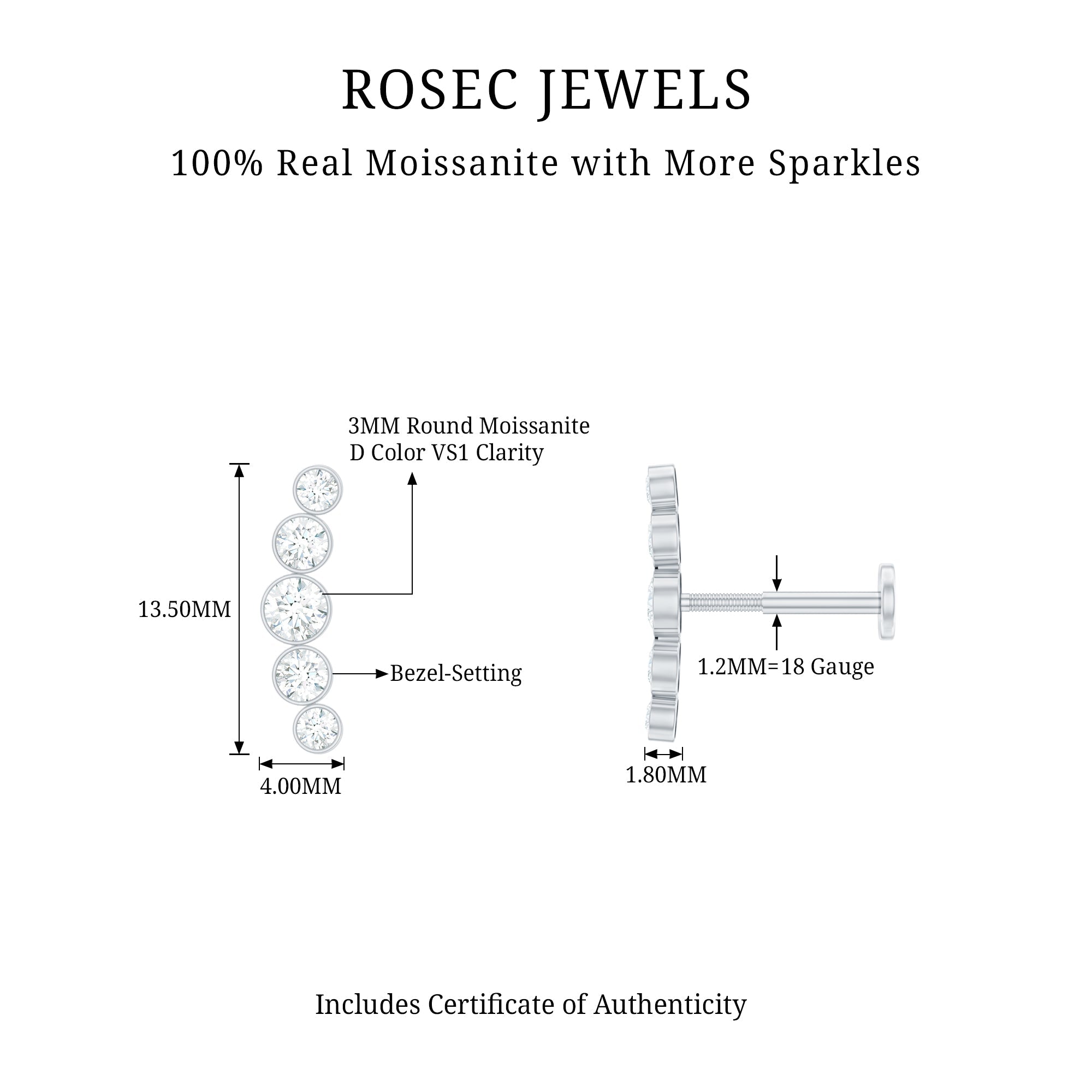 Bezel Set Round Moissanite Curved Crawler Earring
