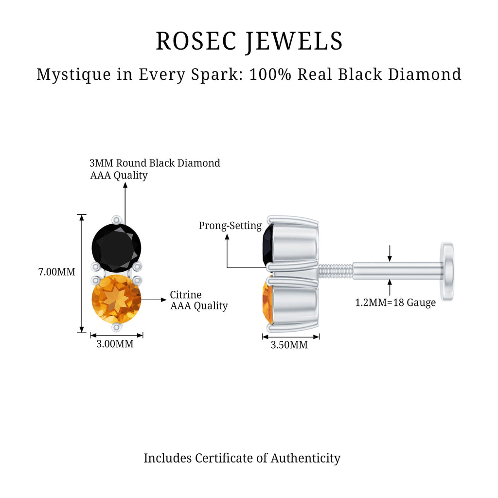 Minimal Citrine and Black Diamond 2 Stone Conch Earring