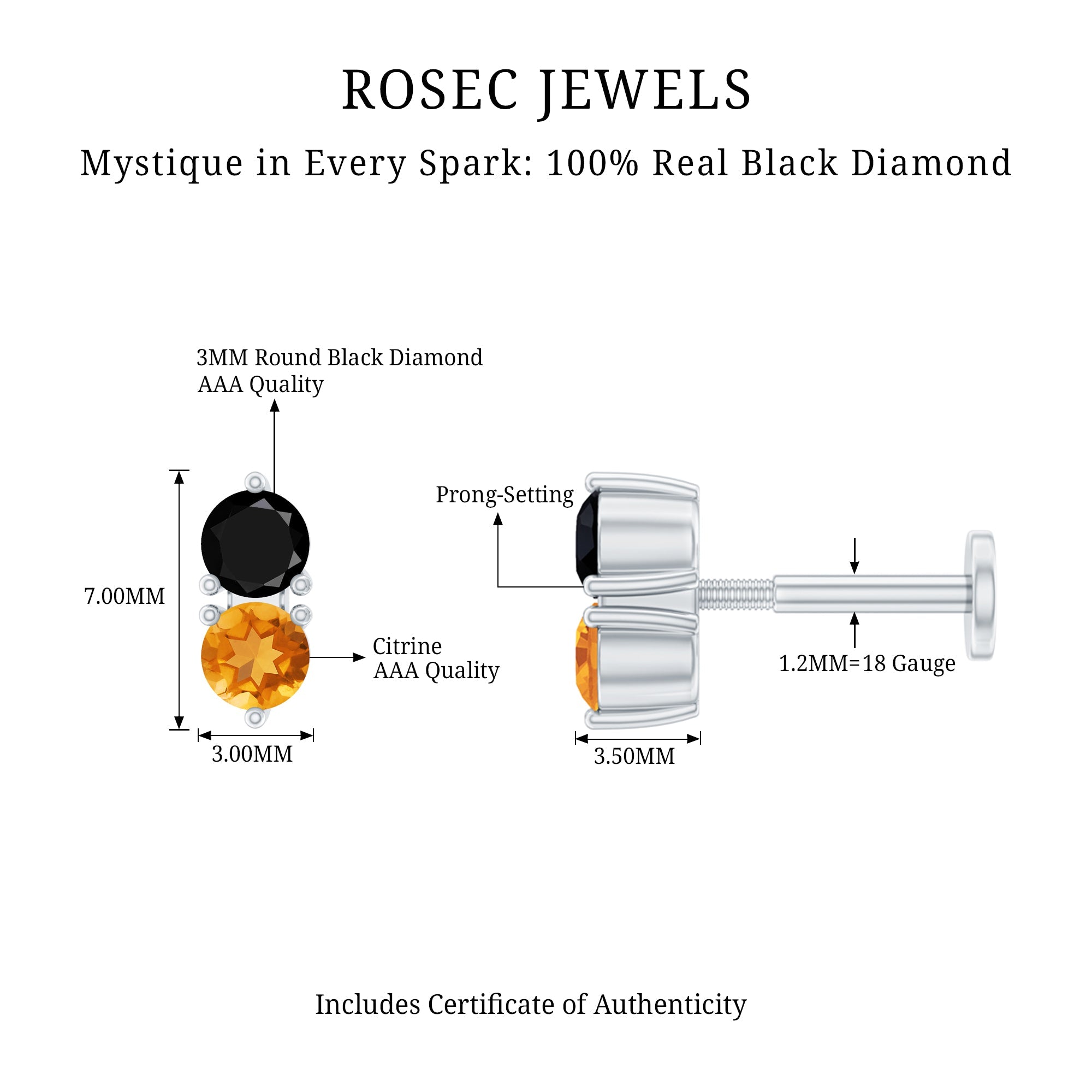 Minimal Citrine and Black Diamond 2 Stone Conch Earring