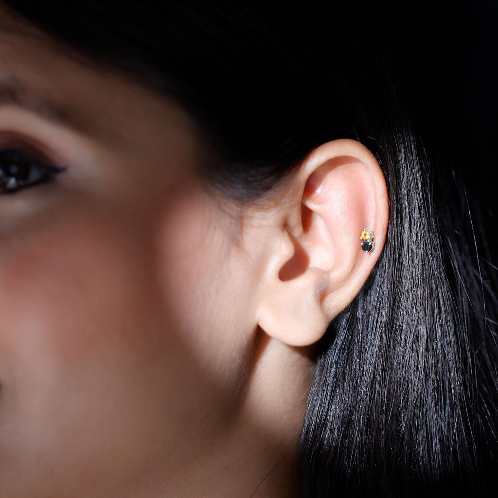 Minimal Citrine and Black Diamond 2 Stone Conch Earring