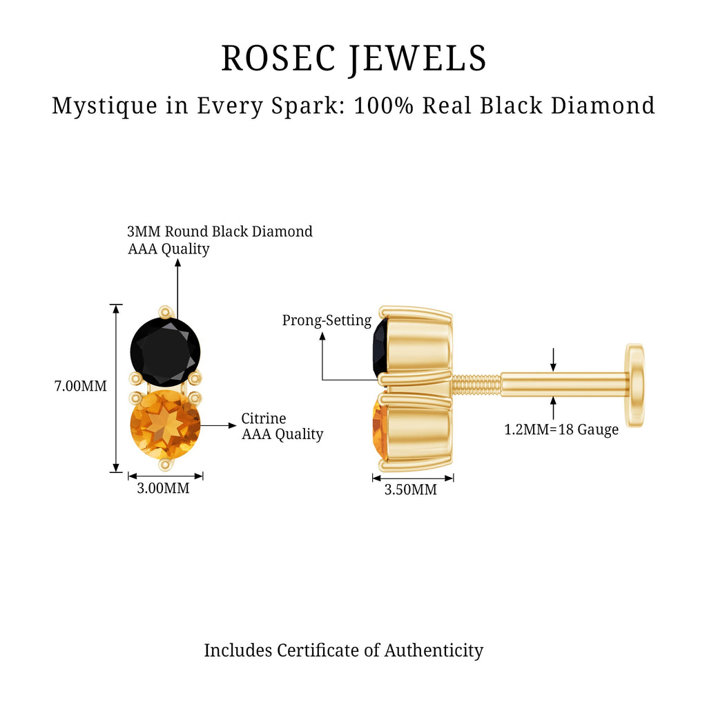 Minimal Citrine and Black Diamond 2 Stone Conch Earring