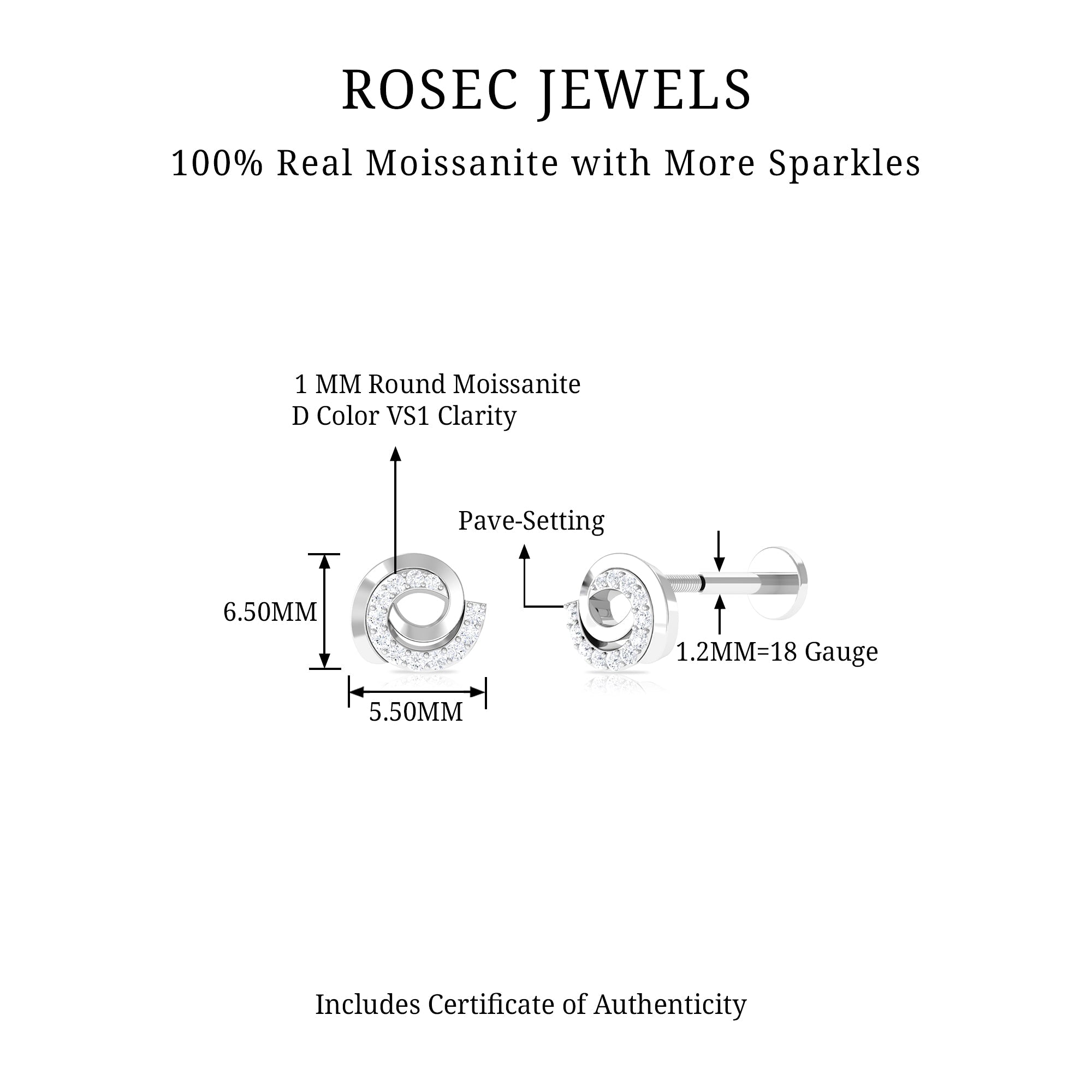 Moissanite Gold Swirl Earring for Second Hole Piercing