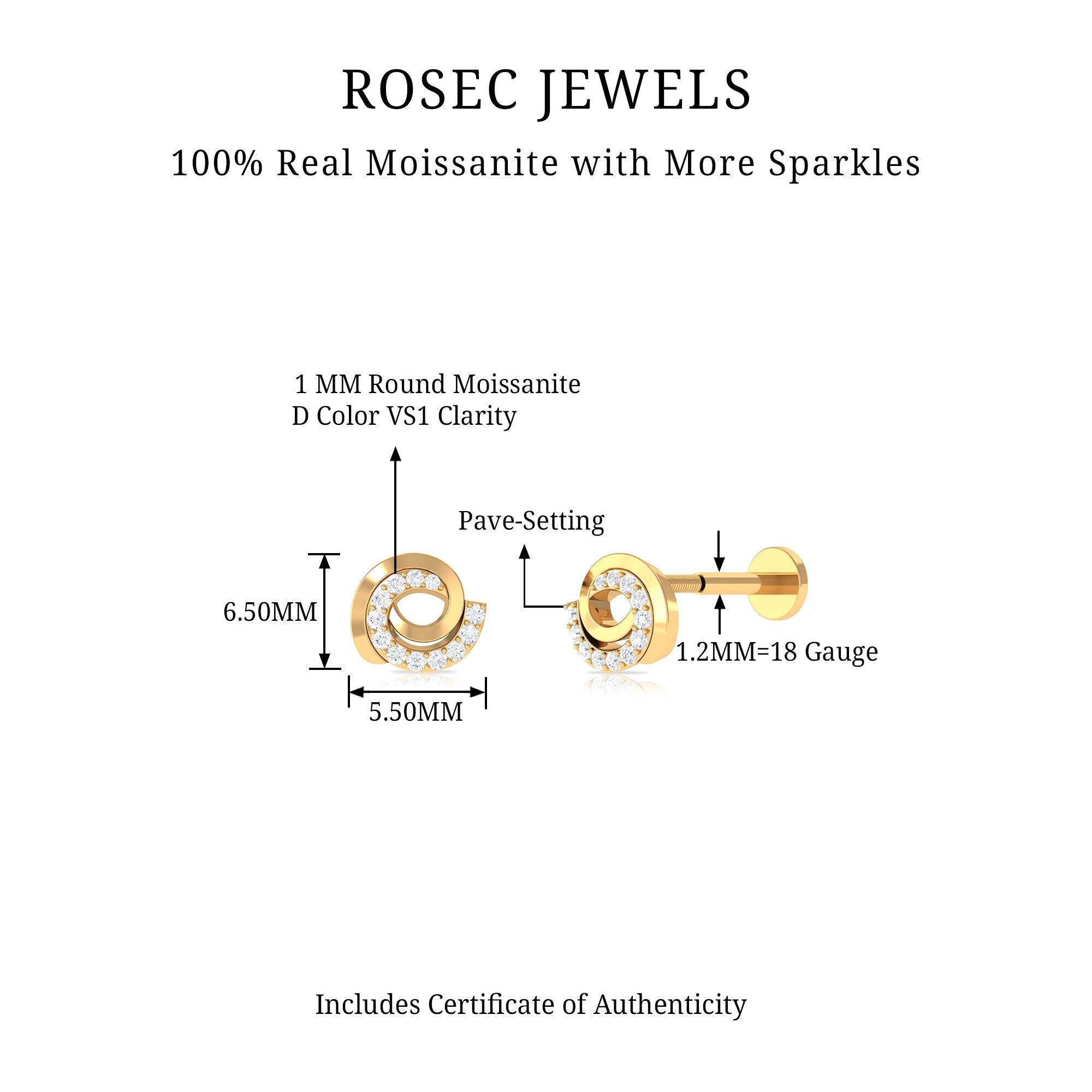 Moissanite Gold Swirl Earring for Second Hole Piercing