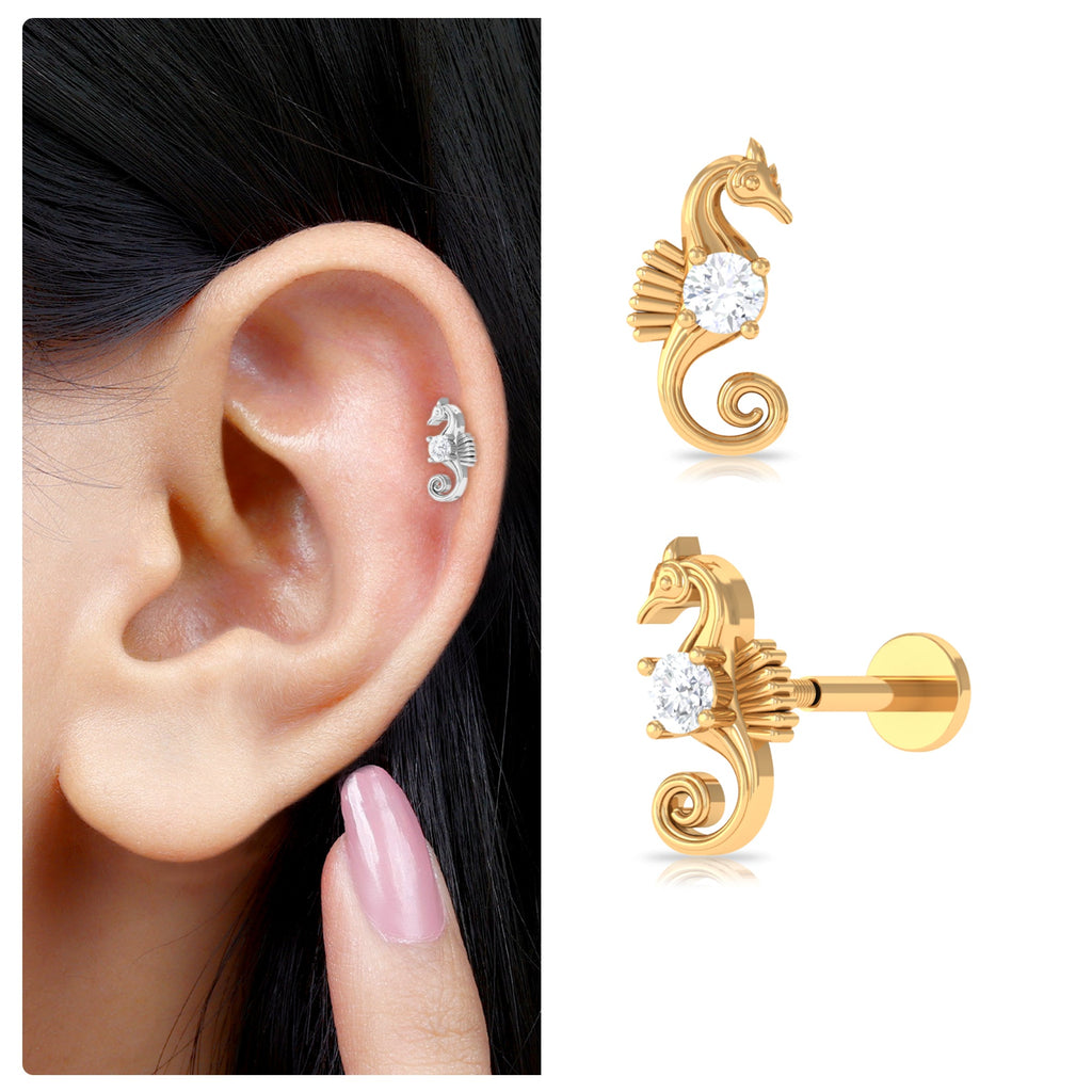Real Diamond Cute Sea Horse Earring for Helix Piercing