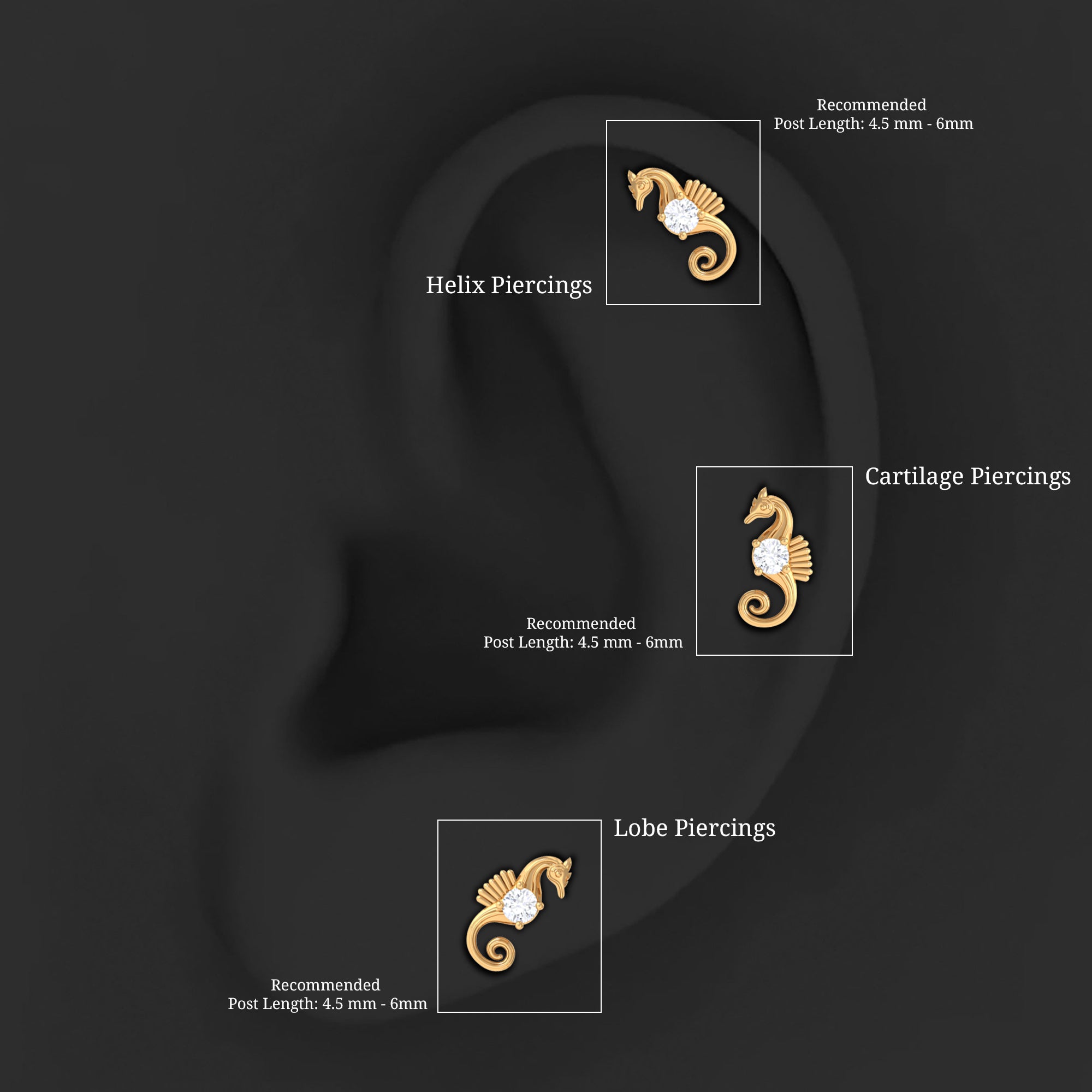 Real Diamond Cute Sea Horse Earring for Helix Piercing