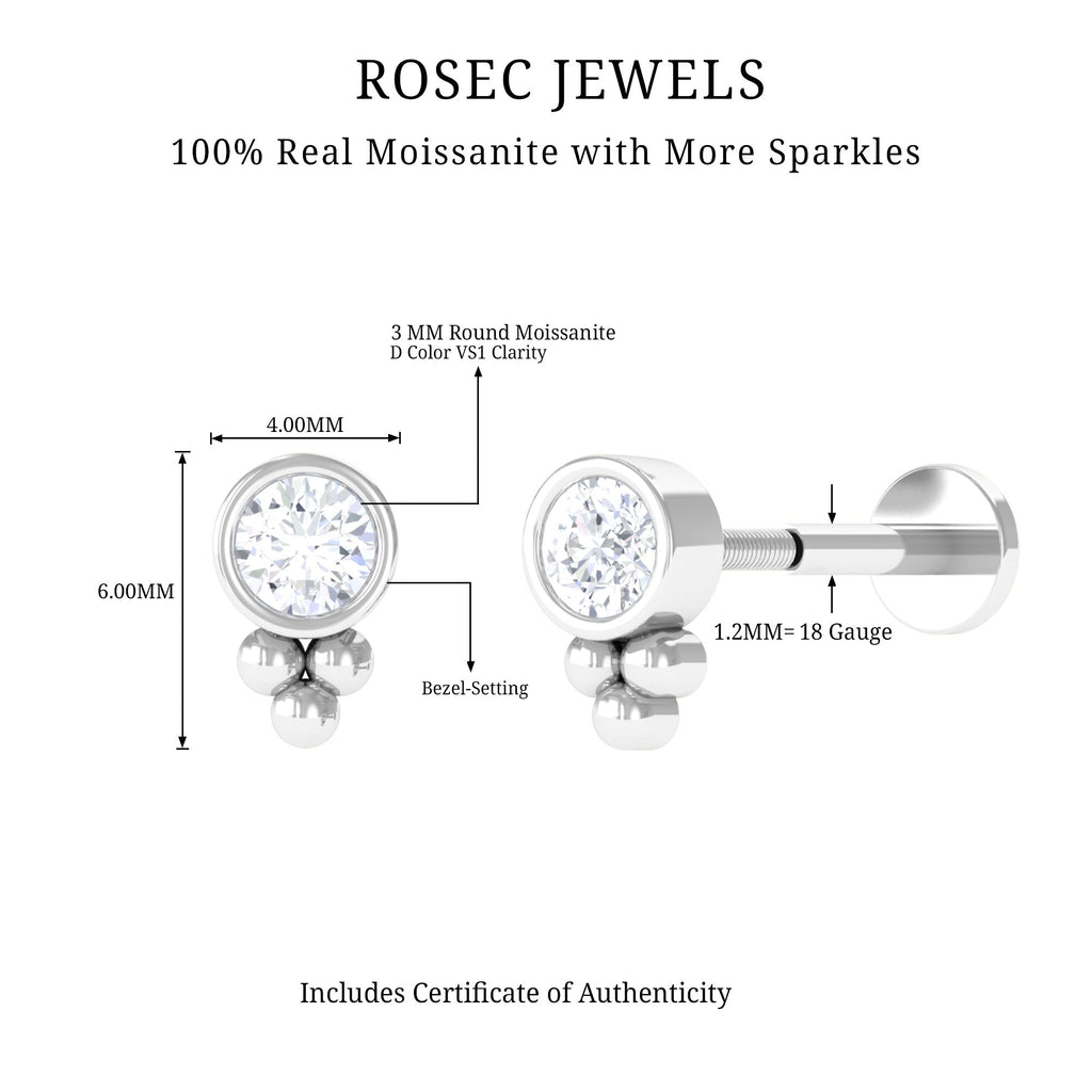 Minimalist Moissanite Gold Beaded Helix Earring in Bezel Setting