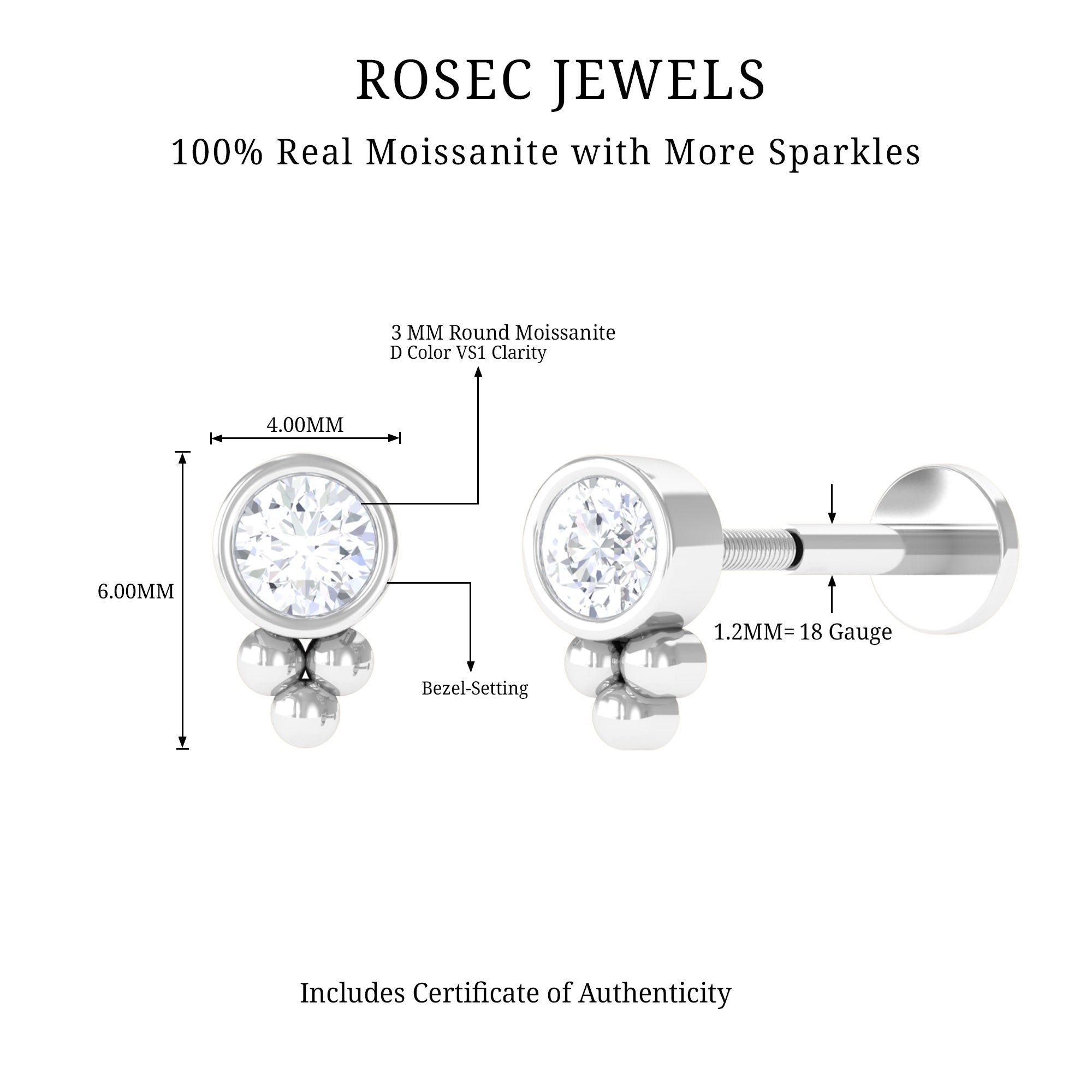 Minimalist Moissanite Gold Beaded Helix Earring in Bezel Setting
