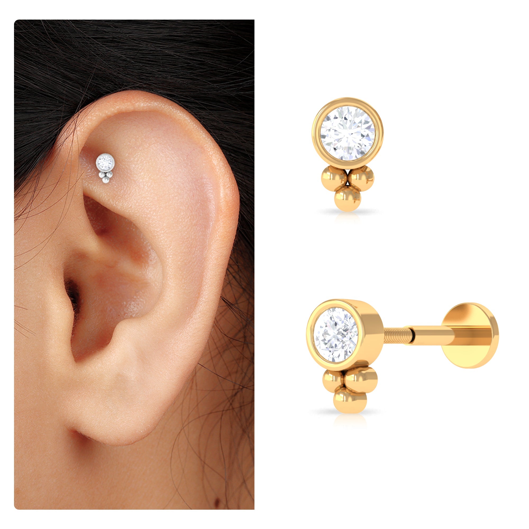 Minimalist Moissanite Gold Beaded Helix Earring in Bezel Setting