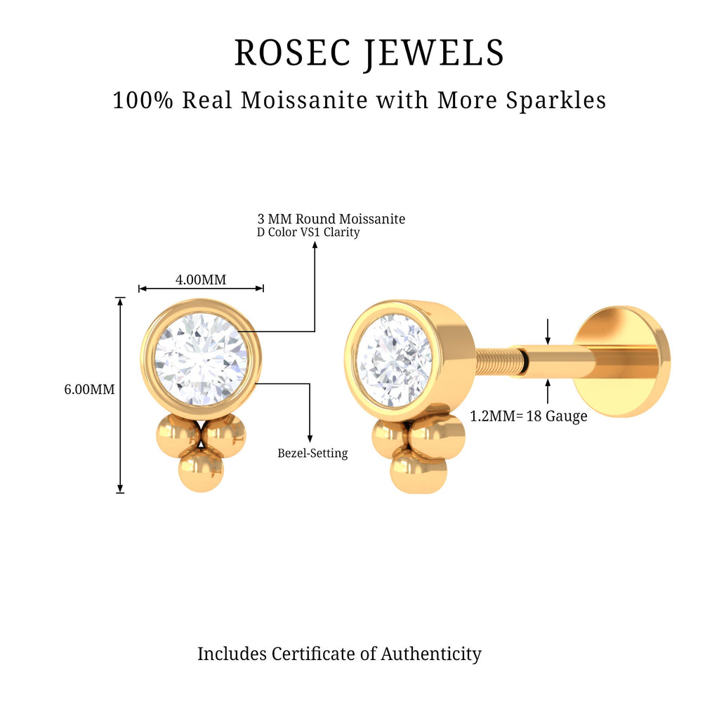 Minimalist Moissanite Gold Beaded Helix Earring in Bezel Setting
