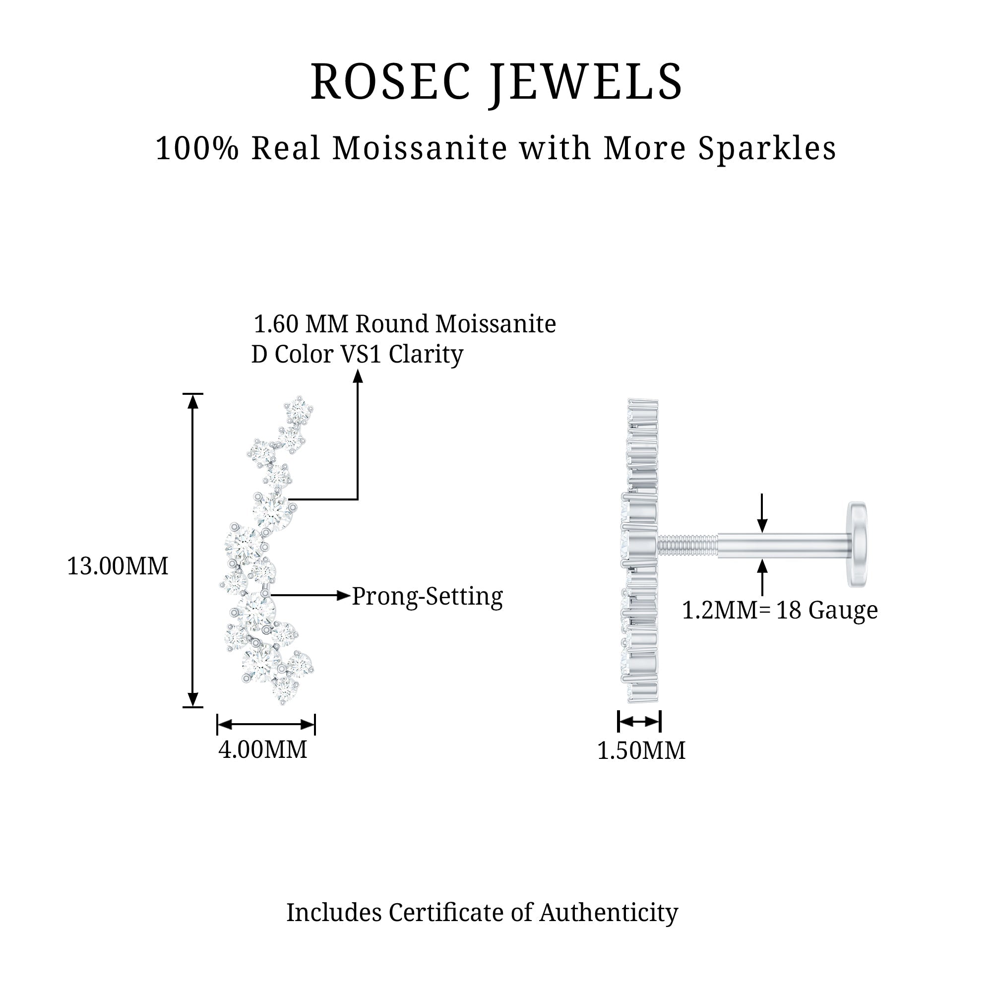 Certified Moissanite Cluster Crawler Earring in Gold