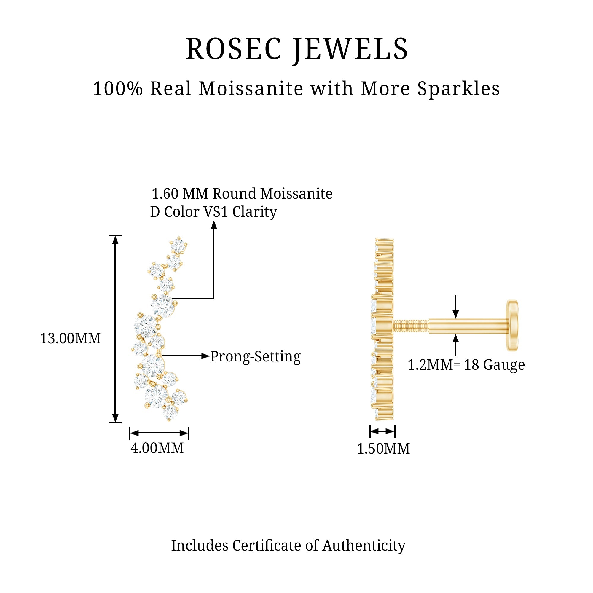 Certified Moissanite Cluster Crawler Earring in Gold