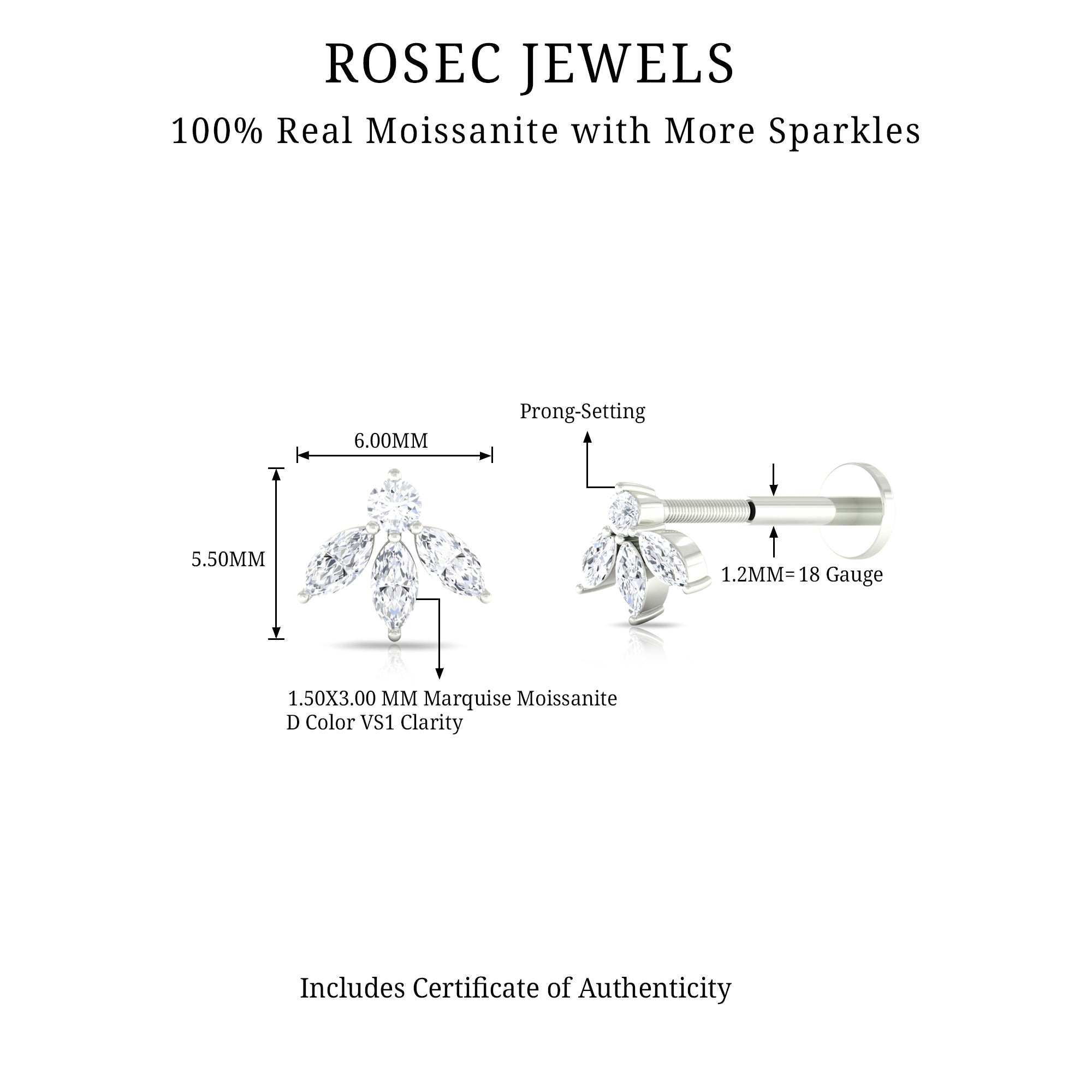 Round Marquise Moissanite Flower Piercing Earring