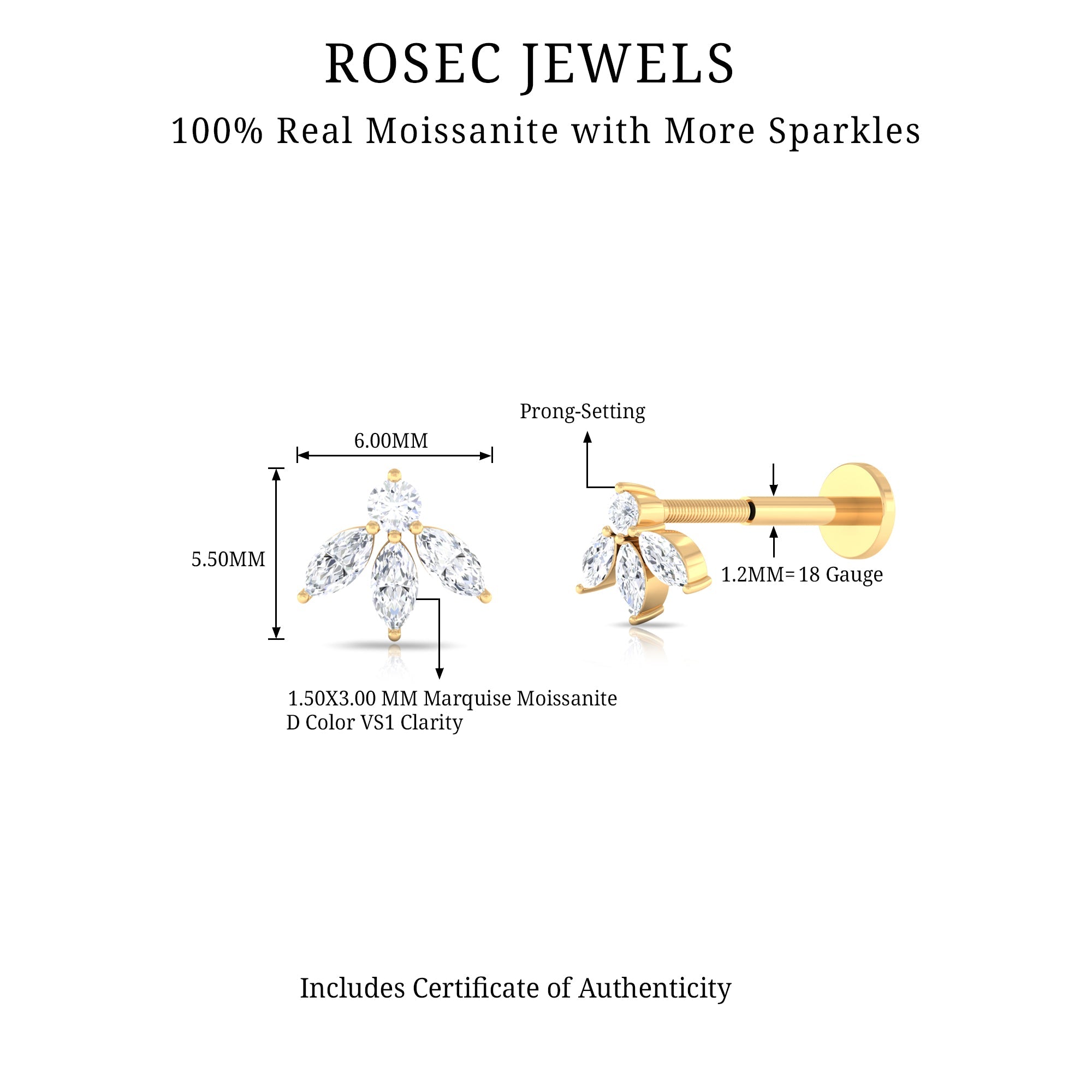 Round Marquise Moissanite Flower Piercing Earring