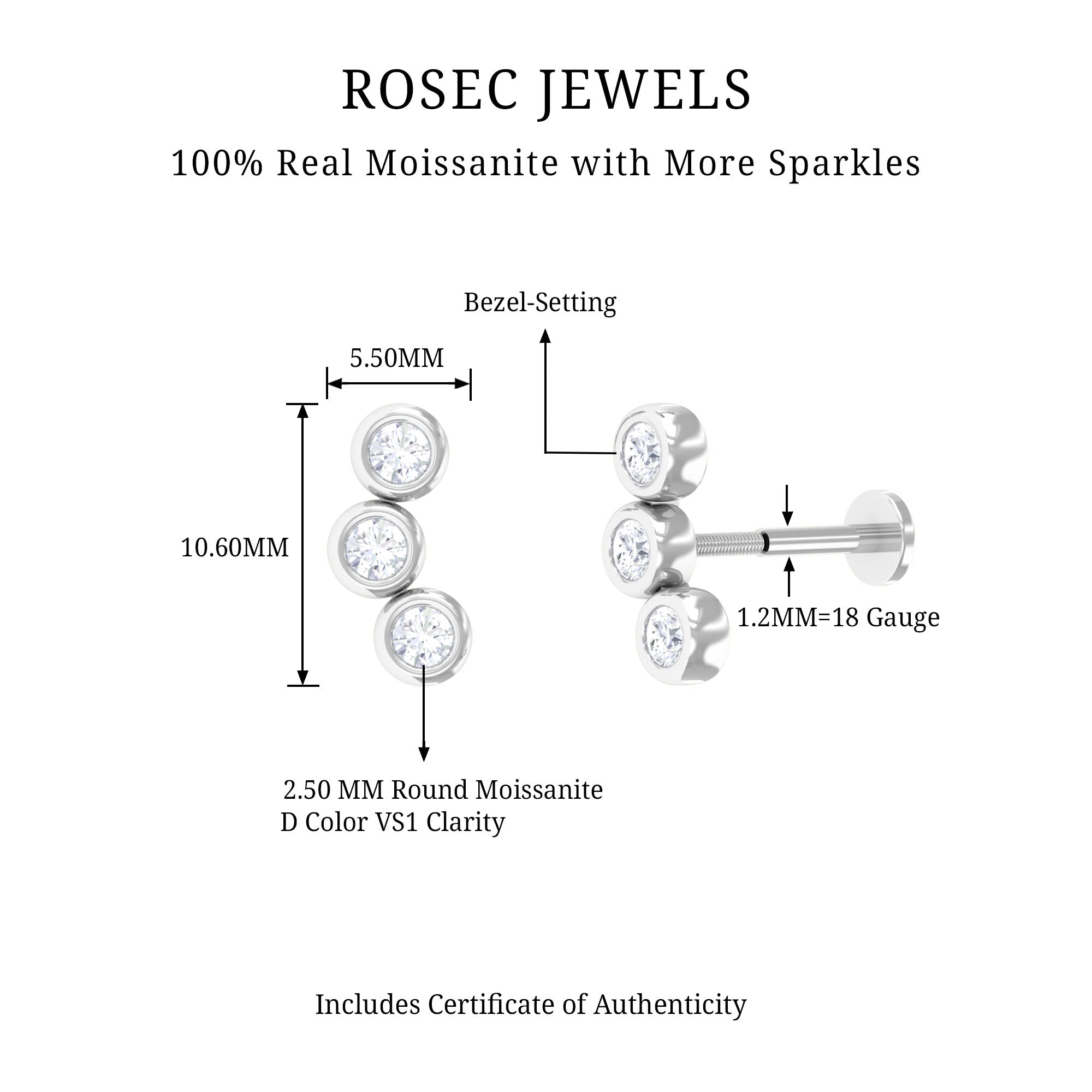 Three Diamond Curved Helix Earring in Bezel Setting