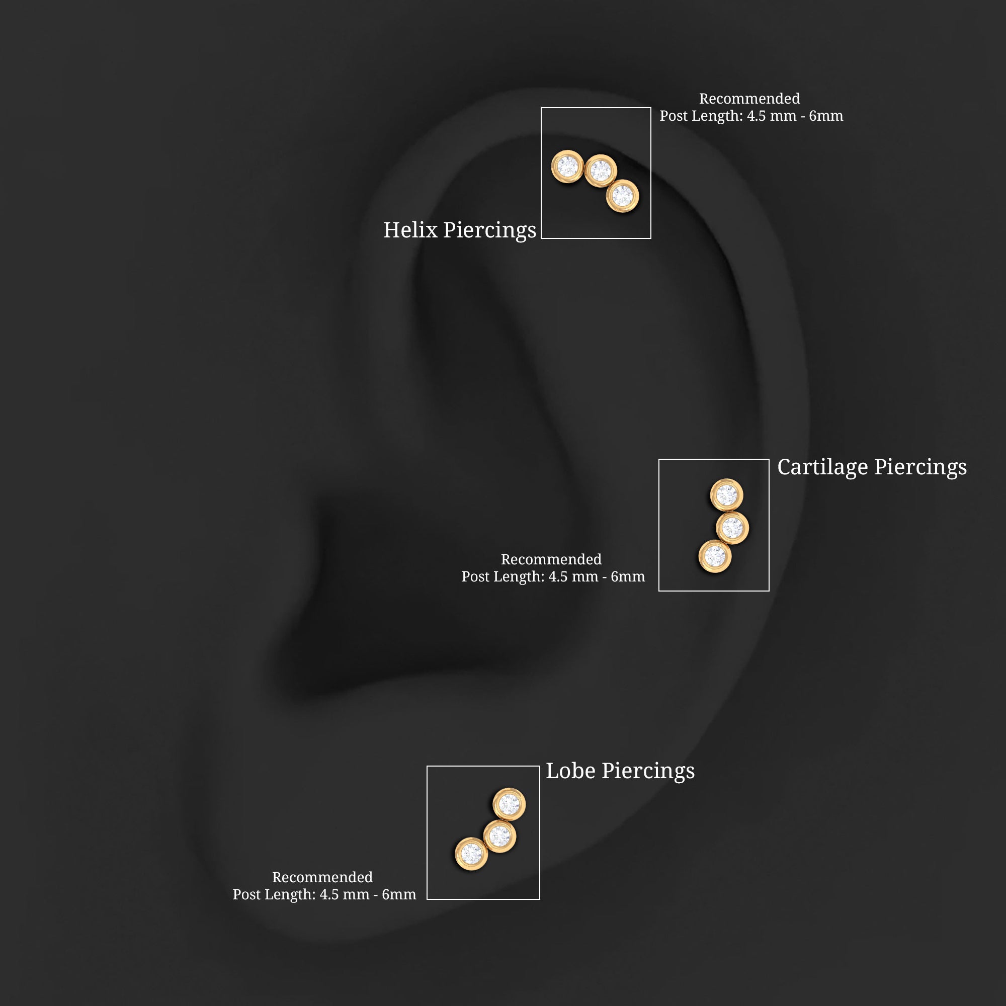 Three Diamond Curved Helix Earring in Bezel Setting