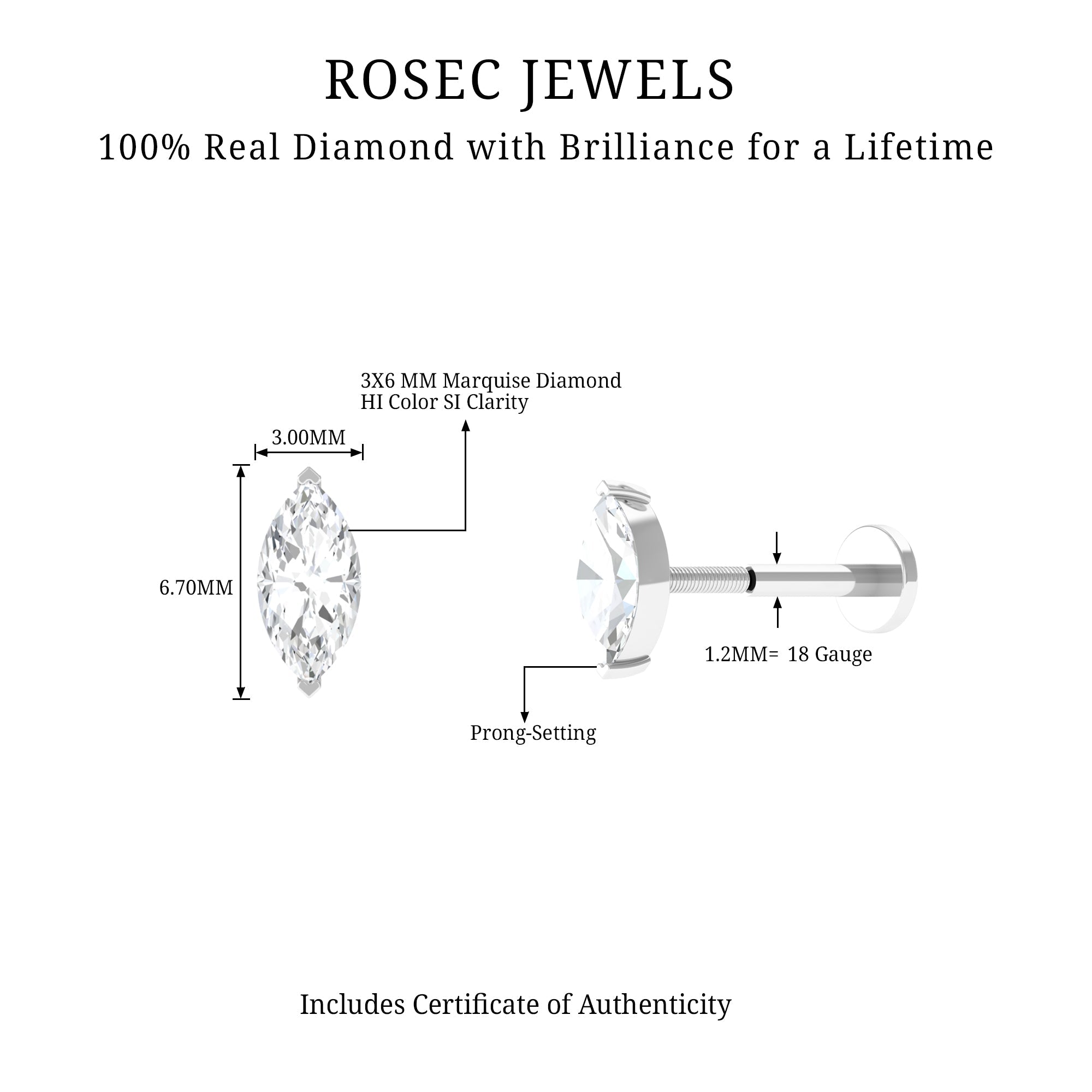 Marquise Diamond Solitaire Earring for Helix Piercing