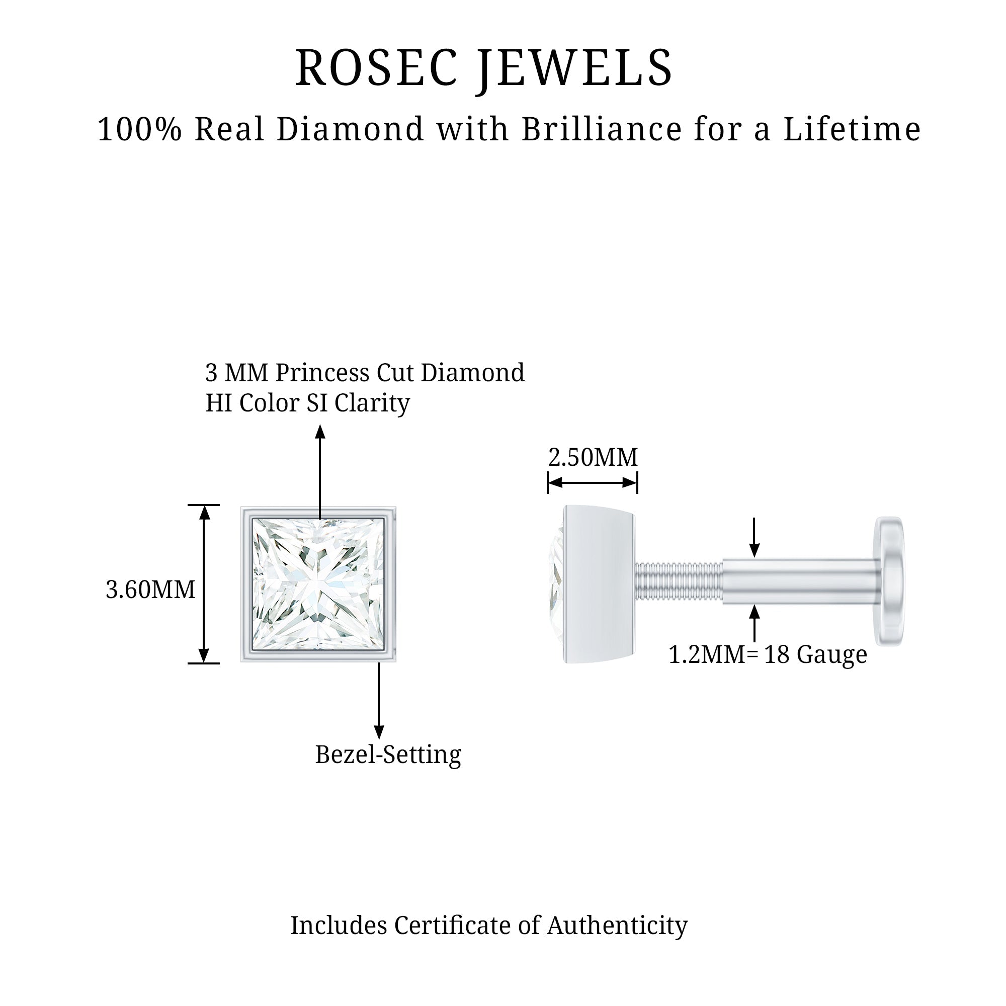 Princess Cut Diamond Conch Earring in Bezel Setting