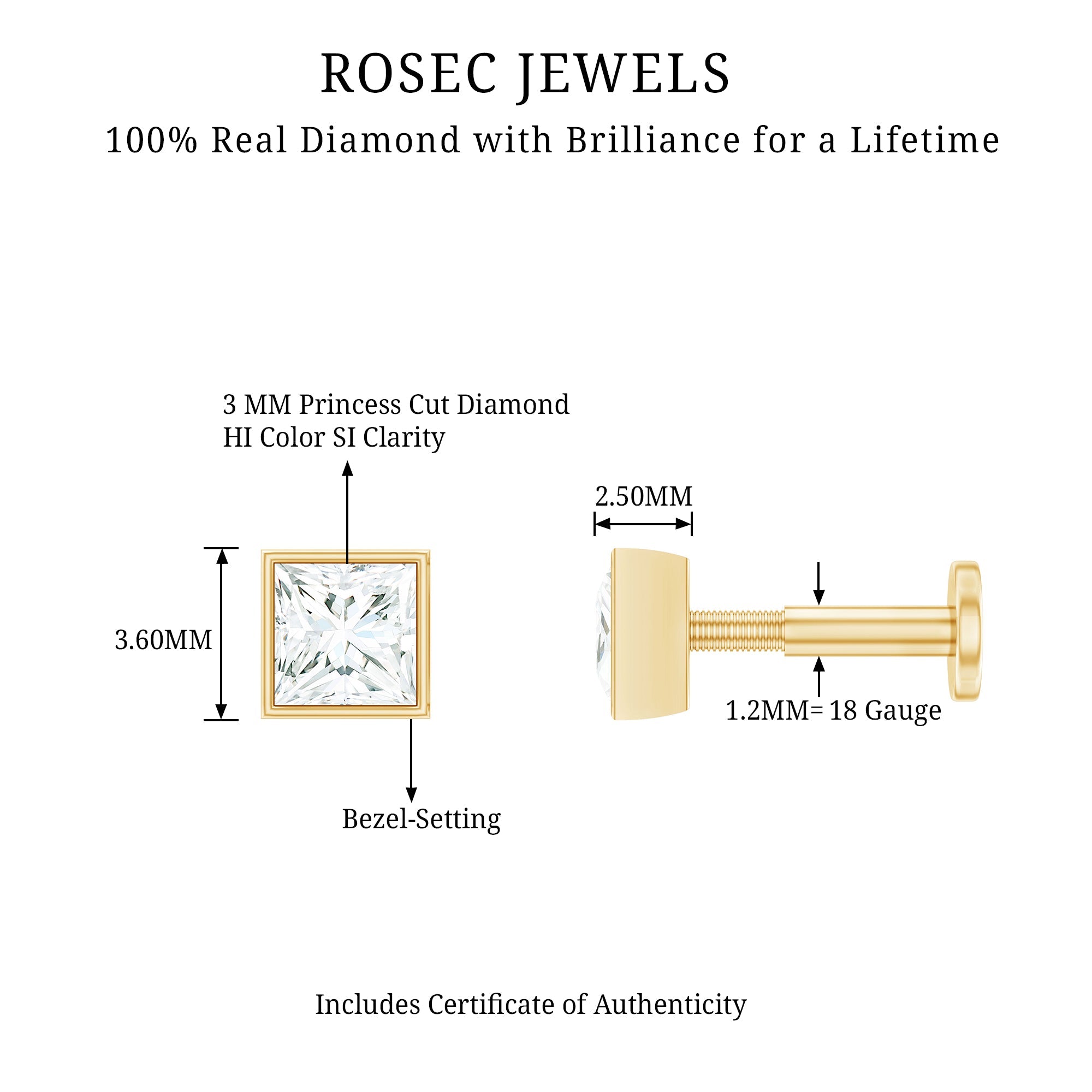 Princess Cut Diamond Conch Earring in Bezel Setting