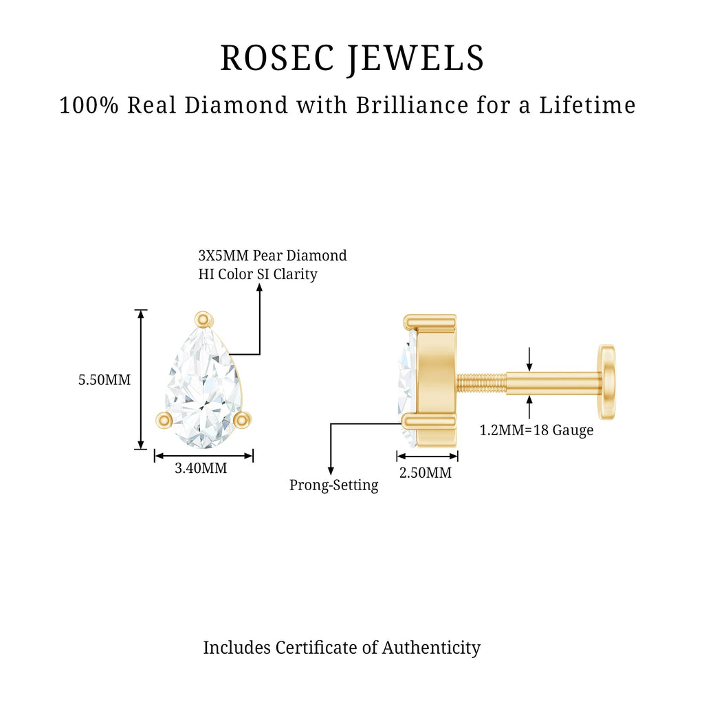 Solitaire Pear Shape Diamond Earring for Tragus Piercing