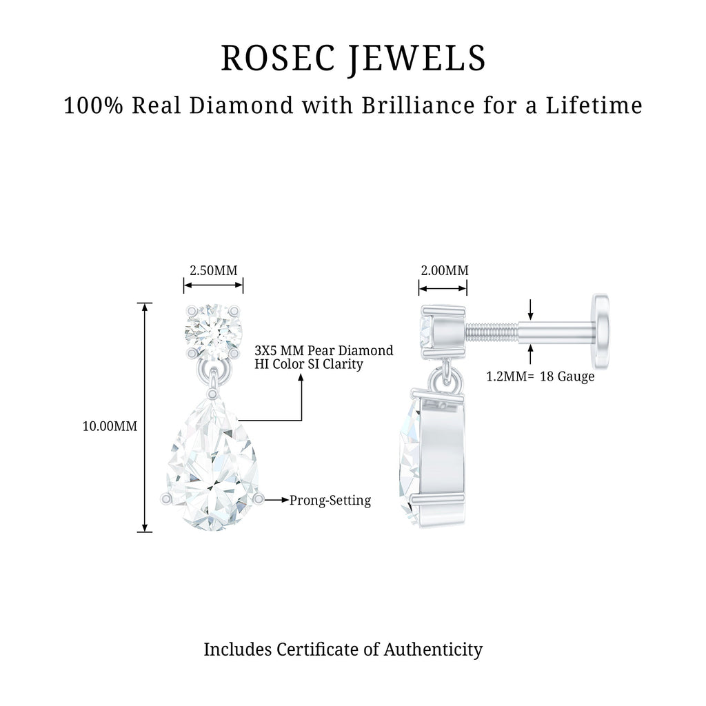 Pear and Round Cut Diamond Stud Drop Helix Earring