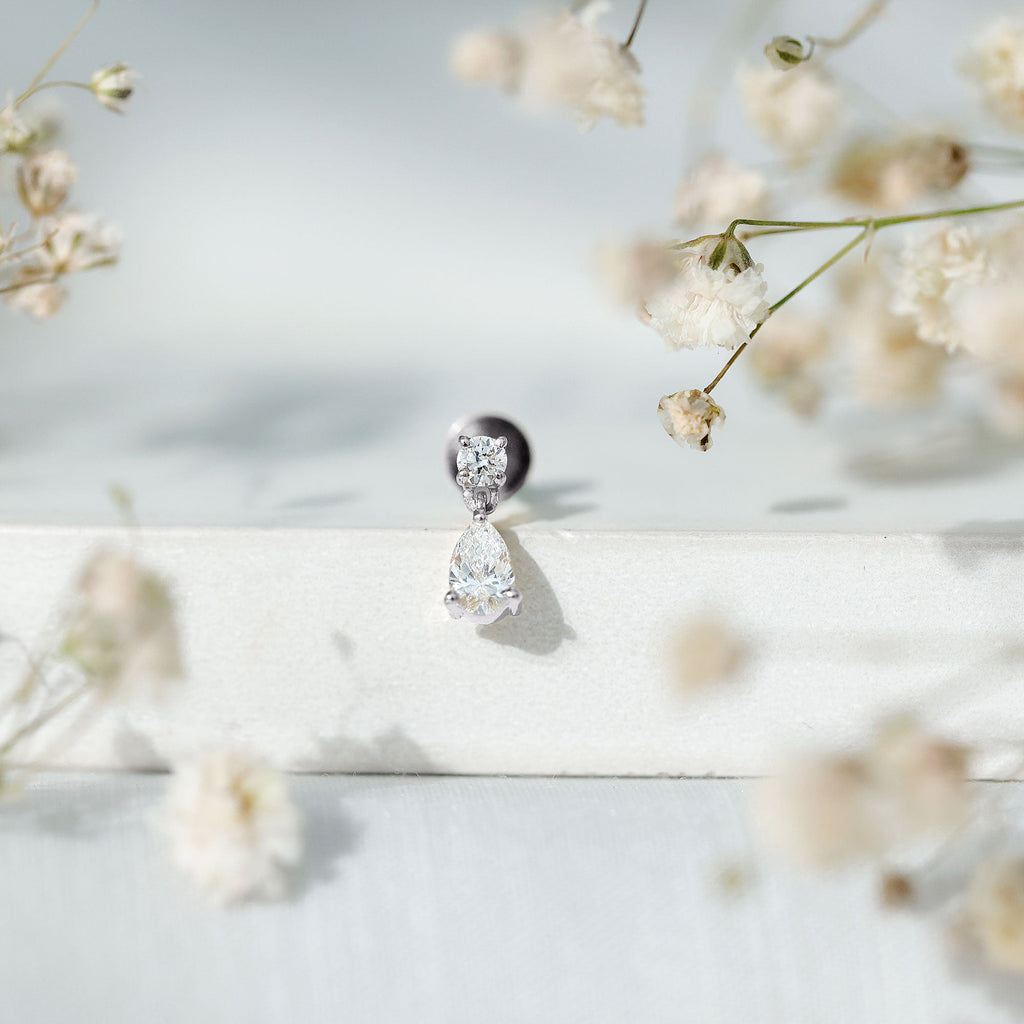 Pear and Round Cut Diamond Stud Drop Helix Earring