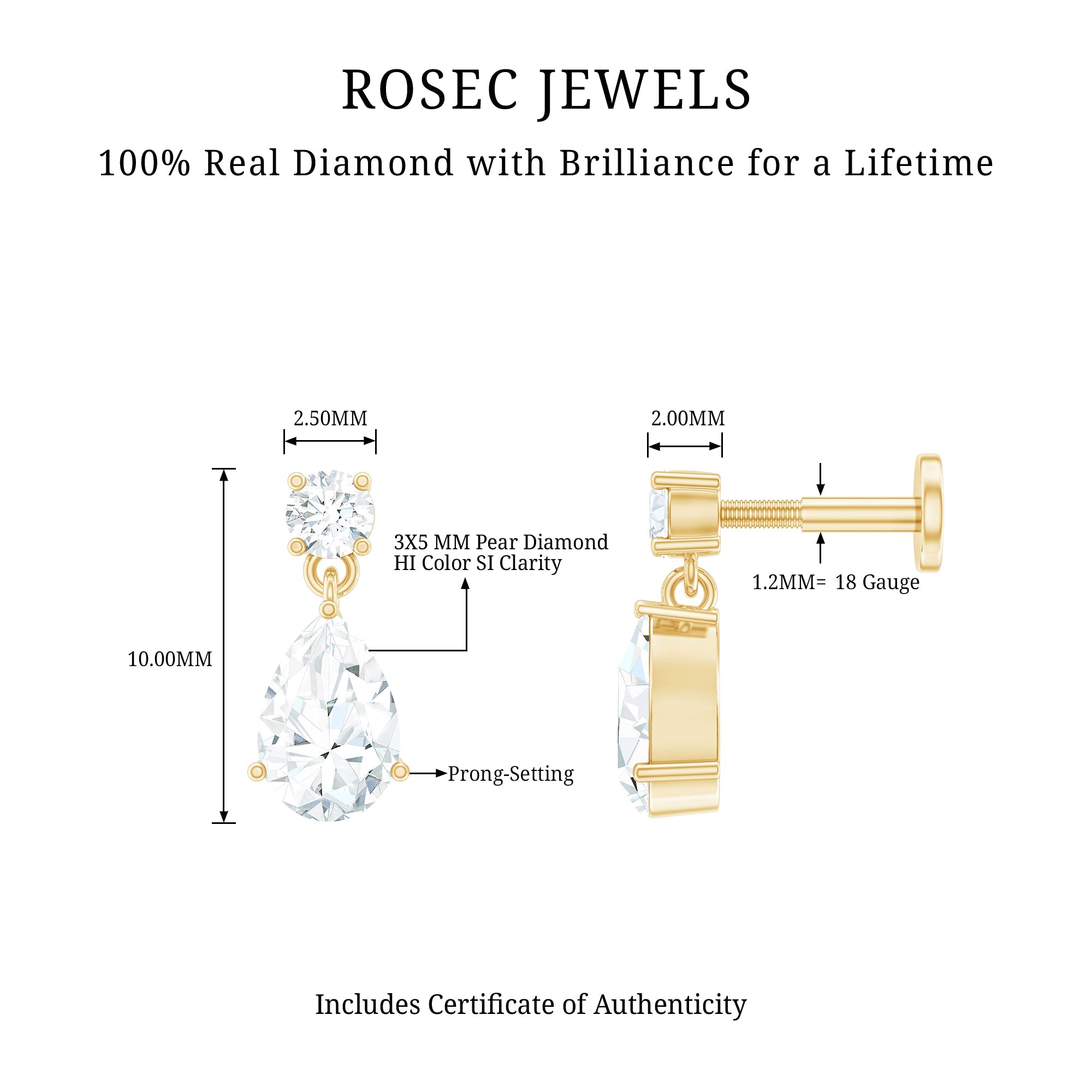 Pear and Round Cut Diamond Stud Drop Helix Earring