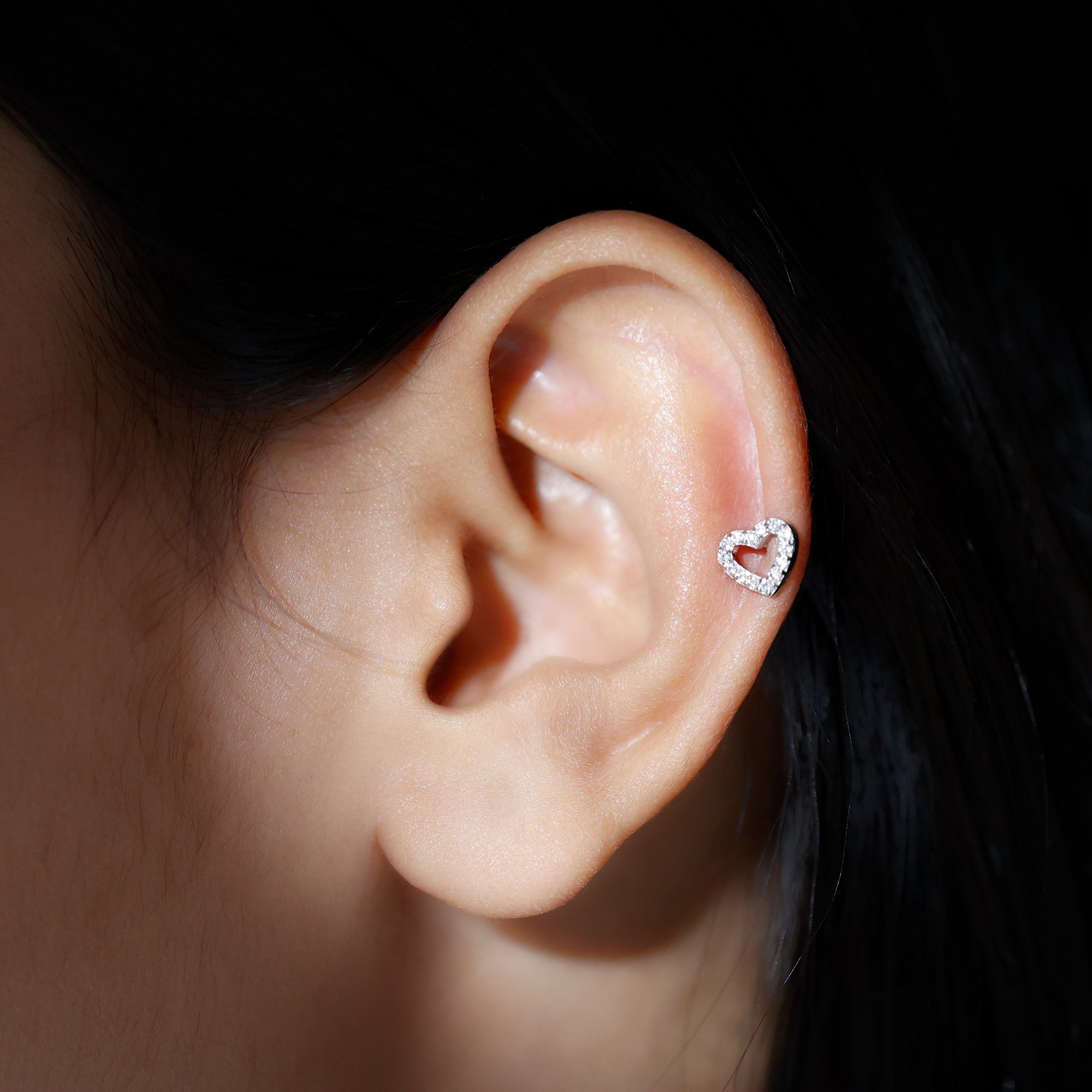 Cute Diamond Open Heart Earring for Helix Piercing