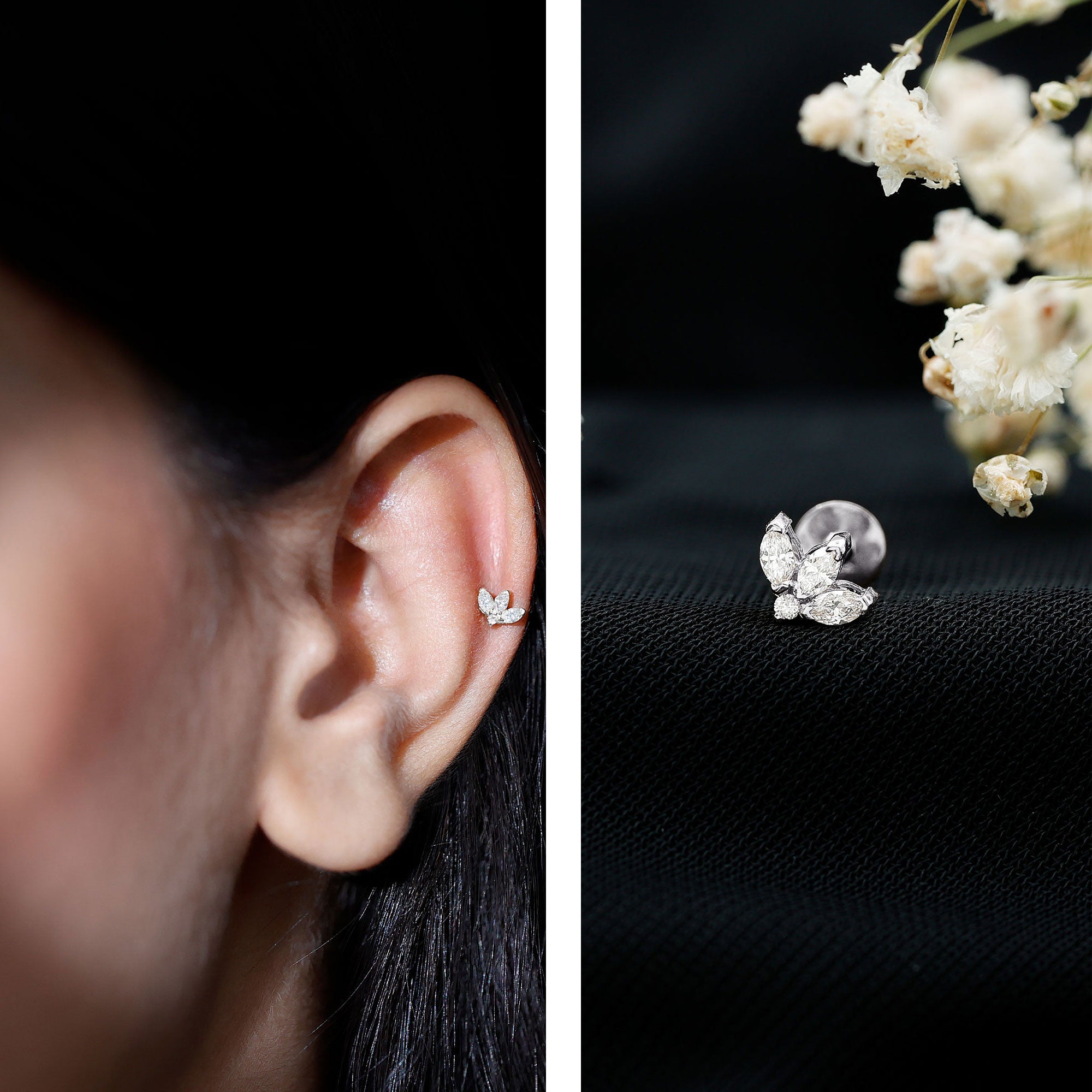 Marquise Diamond Lotus Earring for Cartilage Piercing