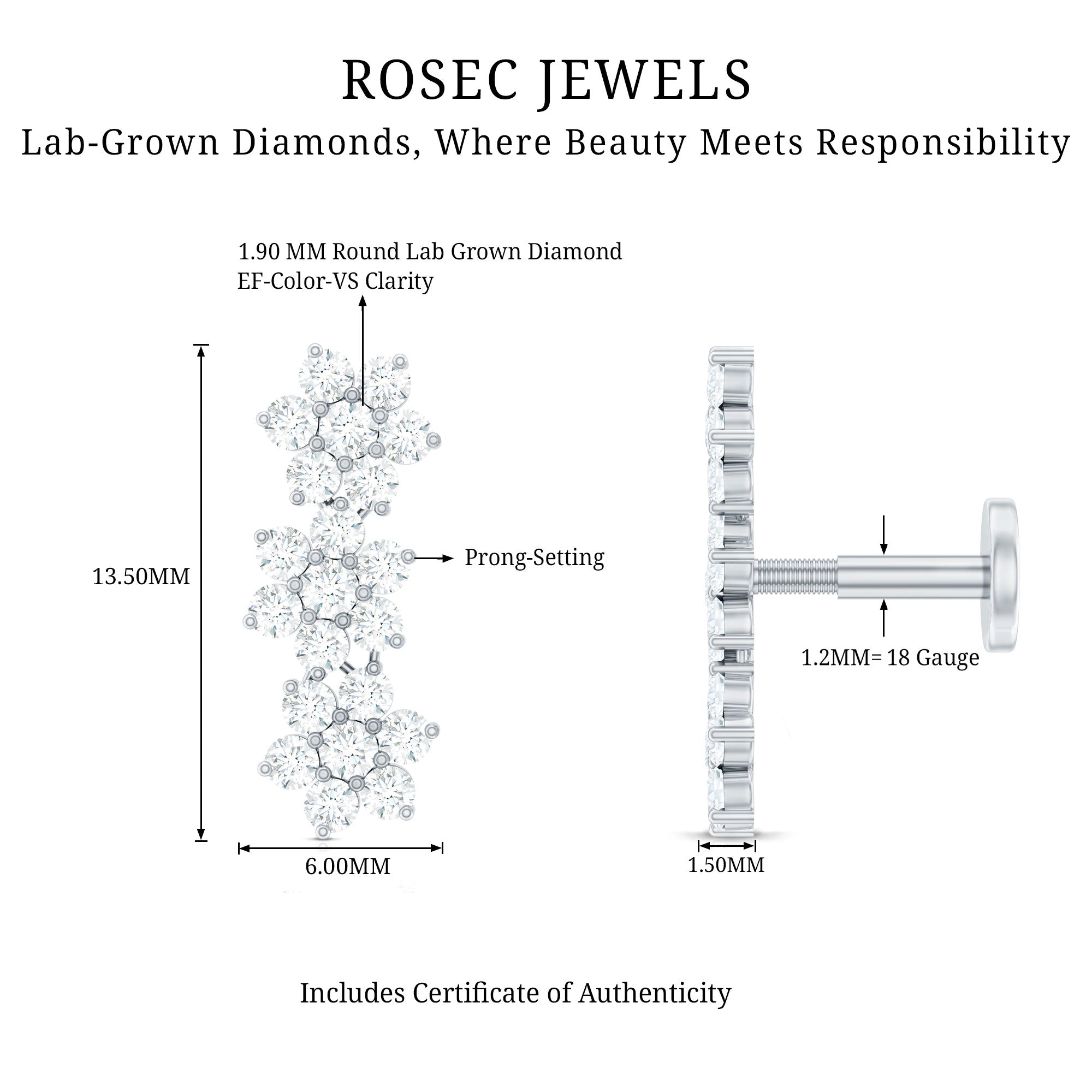 Diamond Three Flower Crawler Earring for Helix Piercing