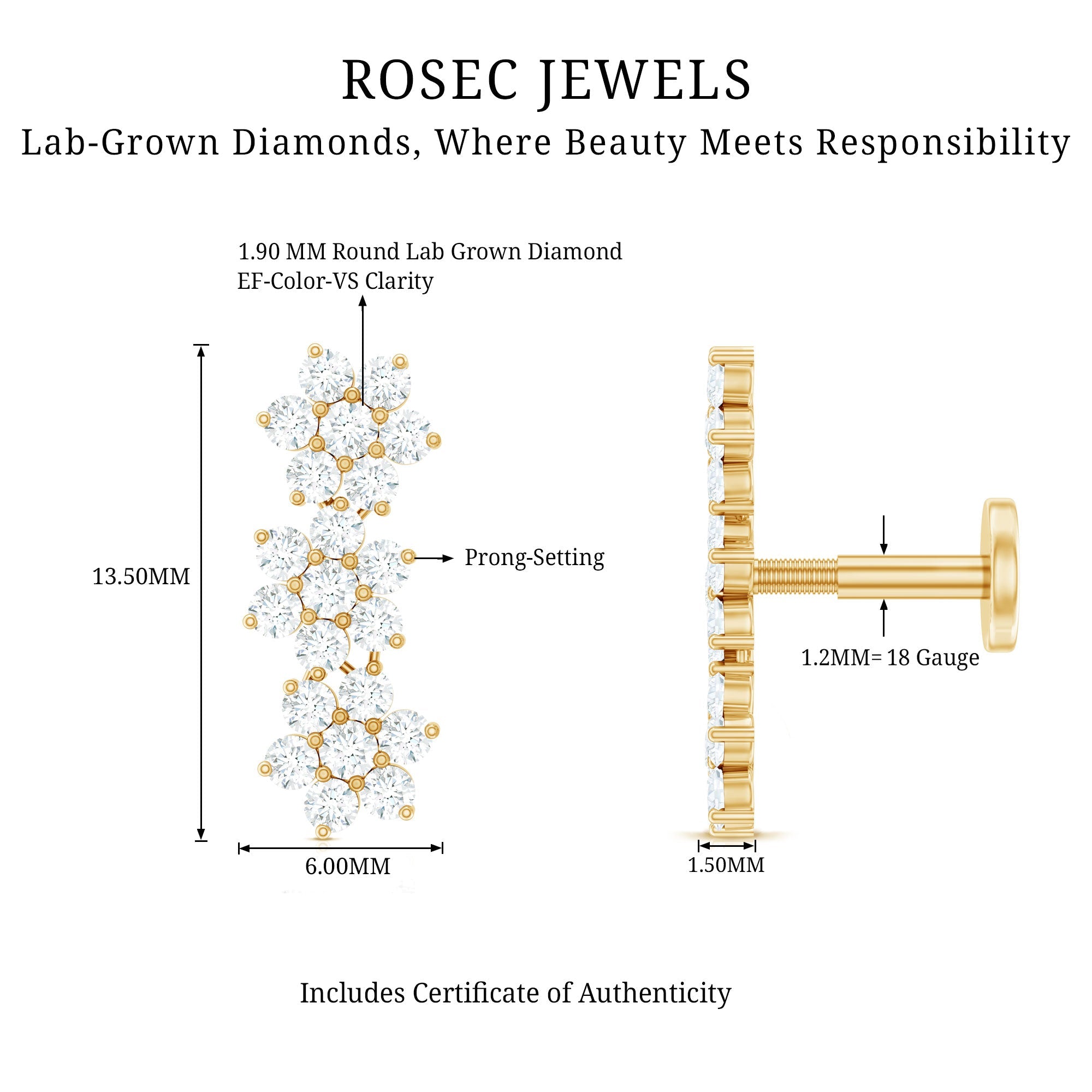 Diamond Three Flower Crawler Earring for Helix Piercing