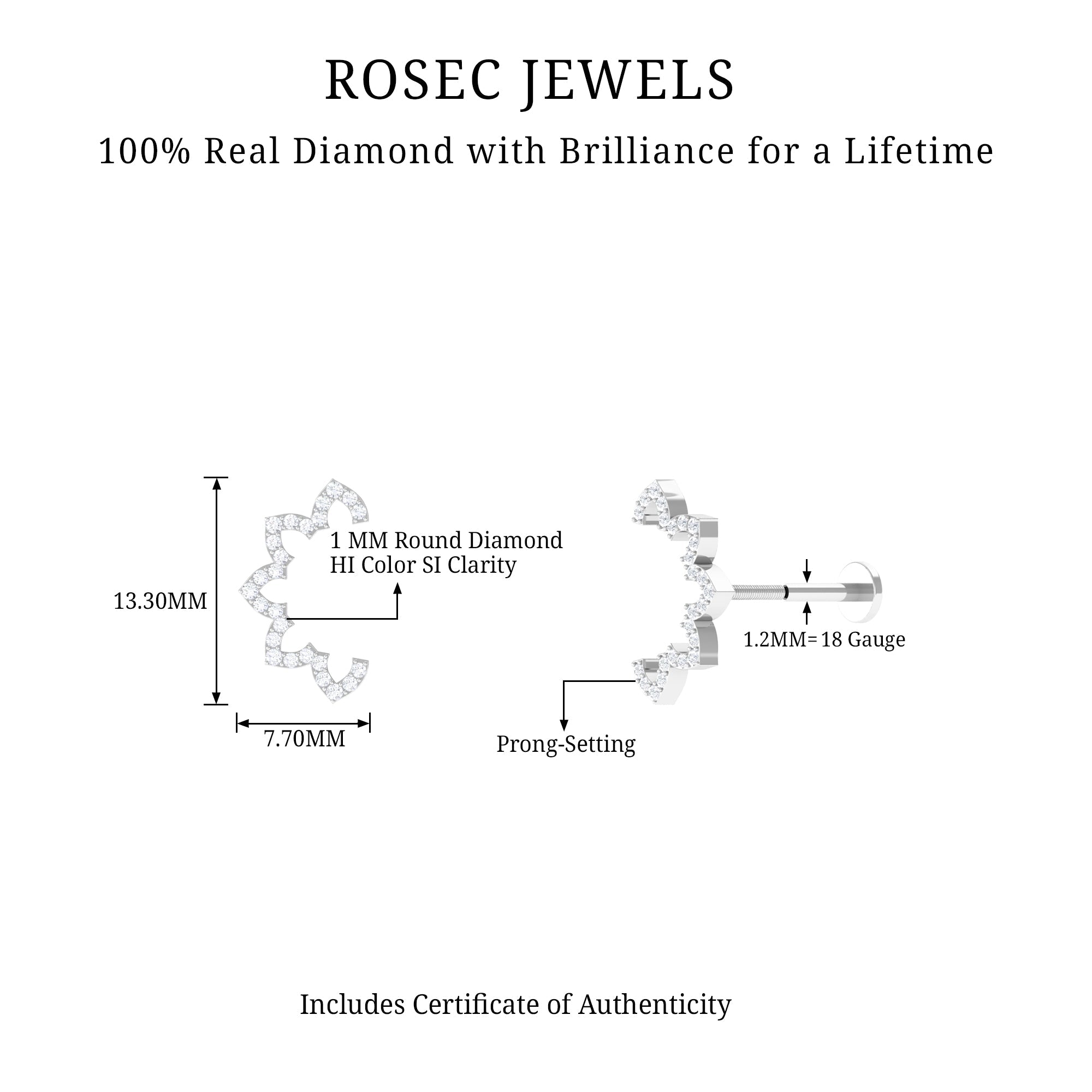 Certified Diamond Curved Floral Earring for Cartilage Piercing