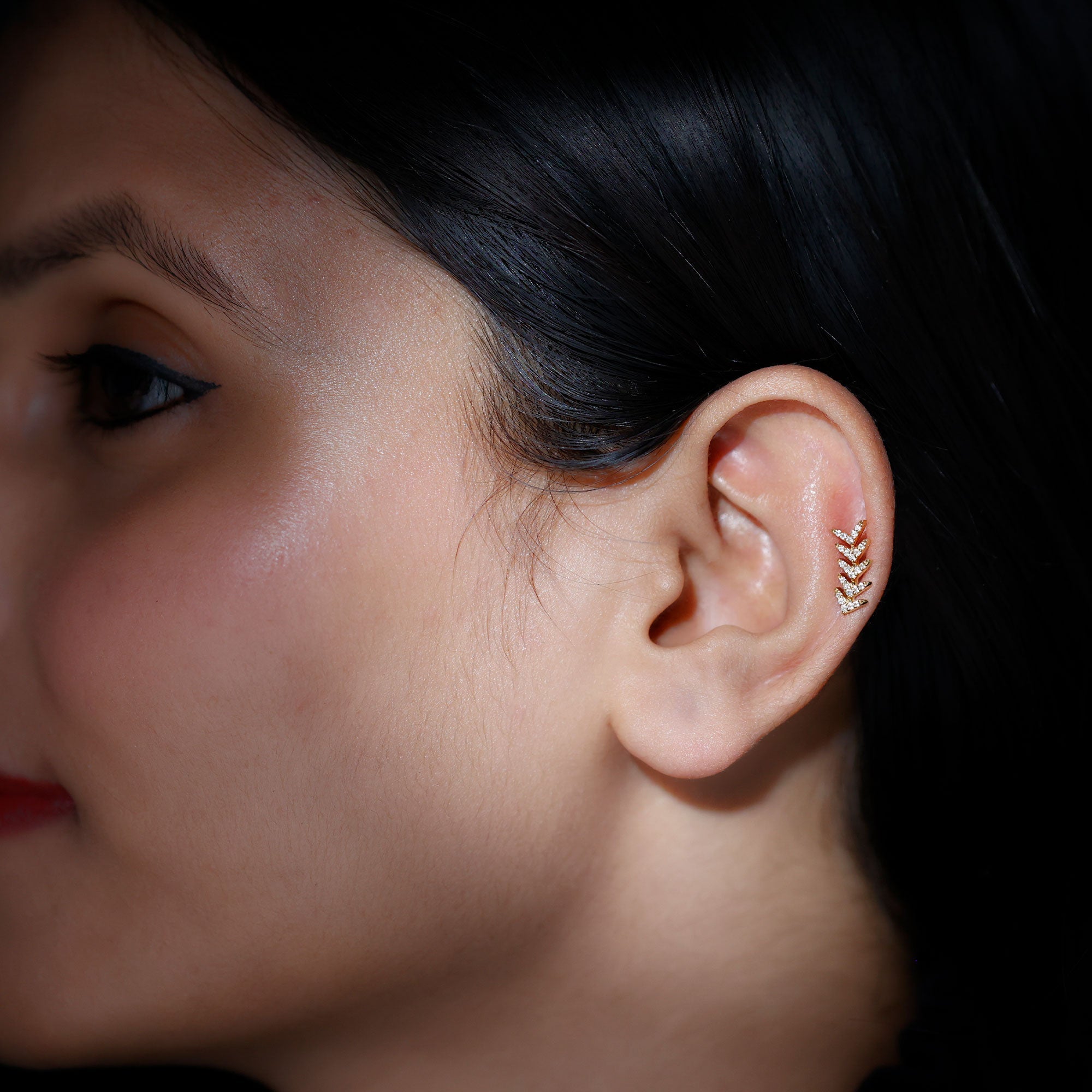Minimalist Diamond Leaf Crawler Earring for Helix Piercing