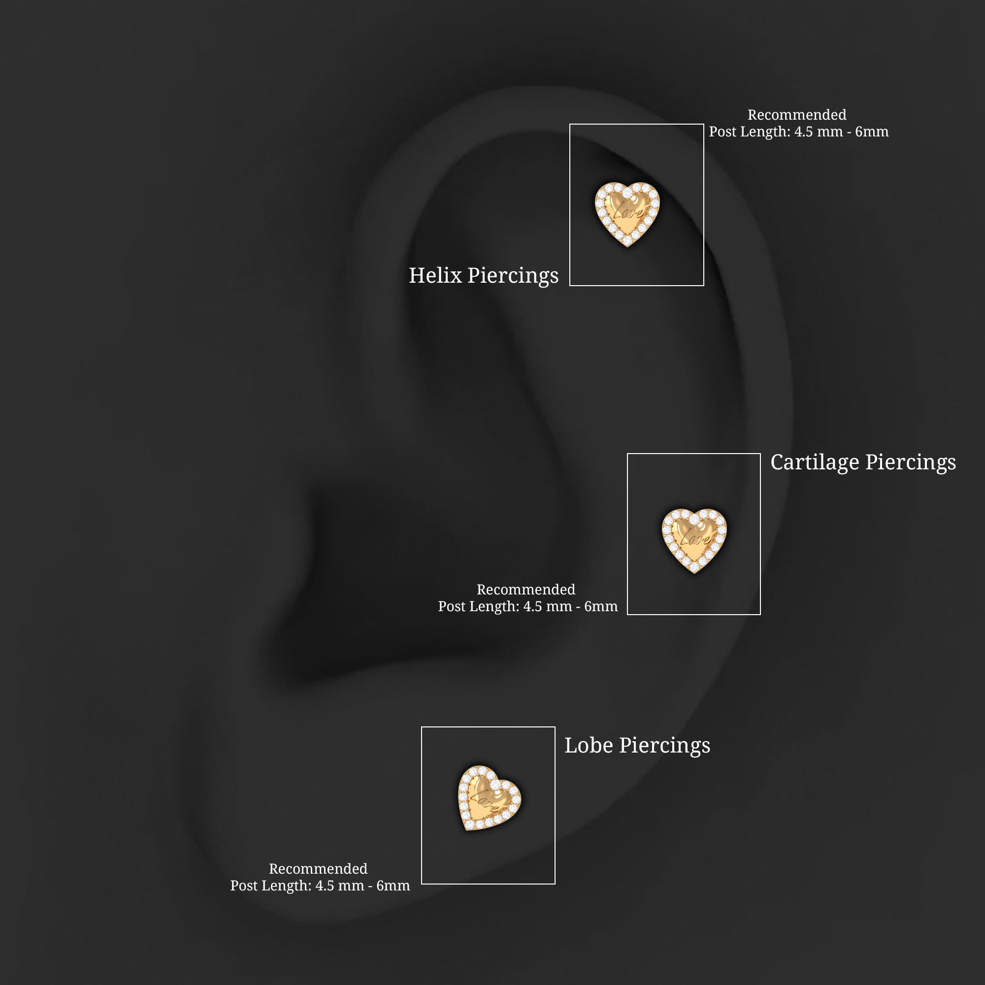 Cute Diamond Love Heart Earring for Helix Piercing