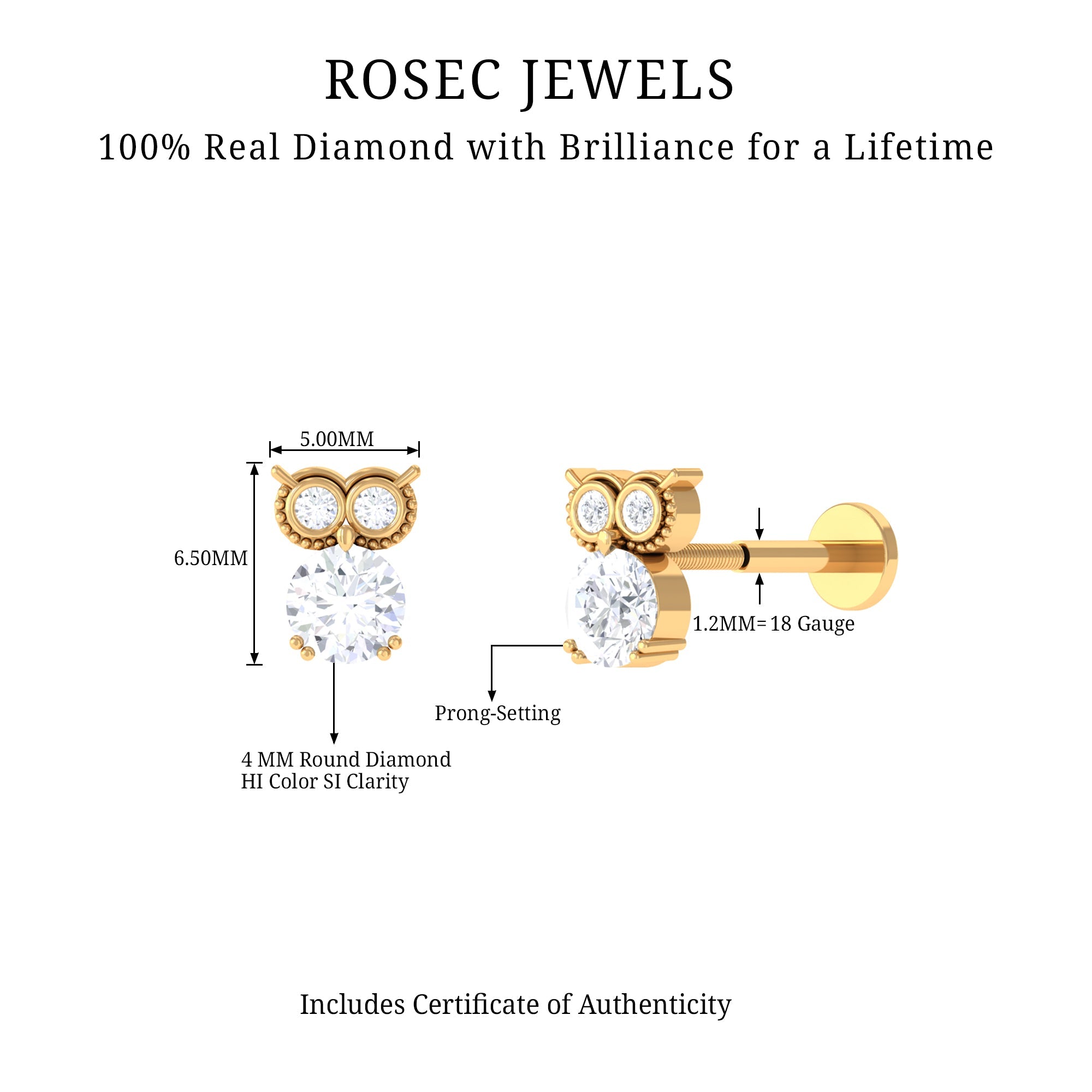 Diamond Owl Earring for Cartilage Piercing